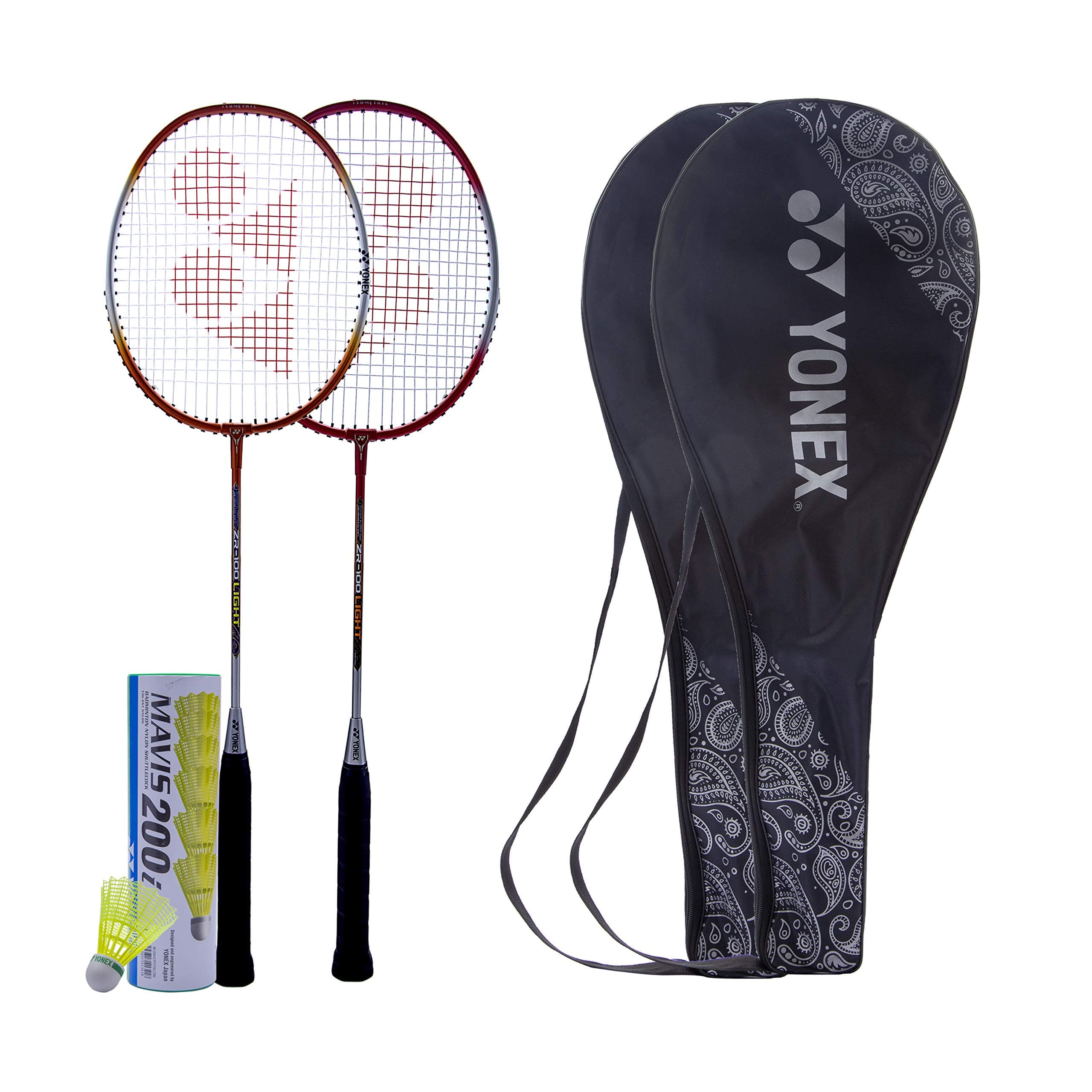 Yonex ZR 100 Light Badminton Combo (Set of 2 Yonex ZR 100 Light Badminton Racquet with Full Cover Red/Orange+ Mavis 200I Shuttlecock Pack of 6)