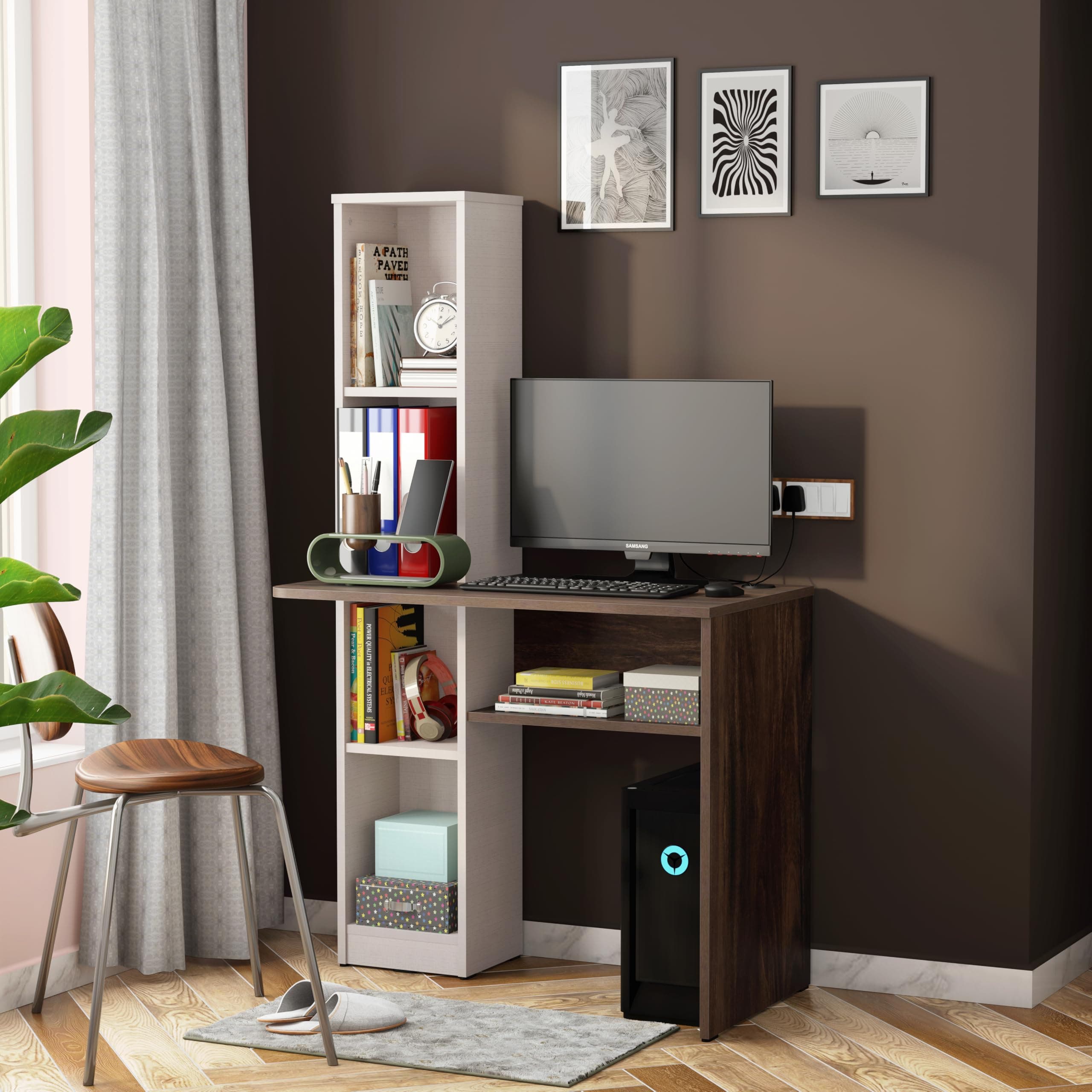 Studio Kook Champion Engineered Wood Study Table with Storage, Matte Finish, 5 Shelves (Junglewood Fabric Finish)