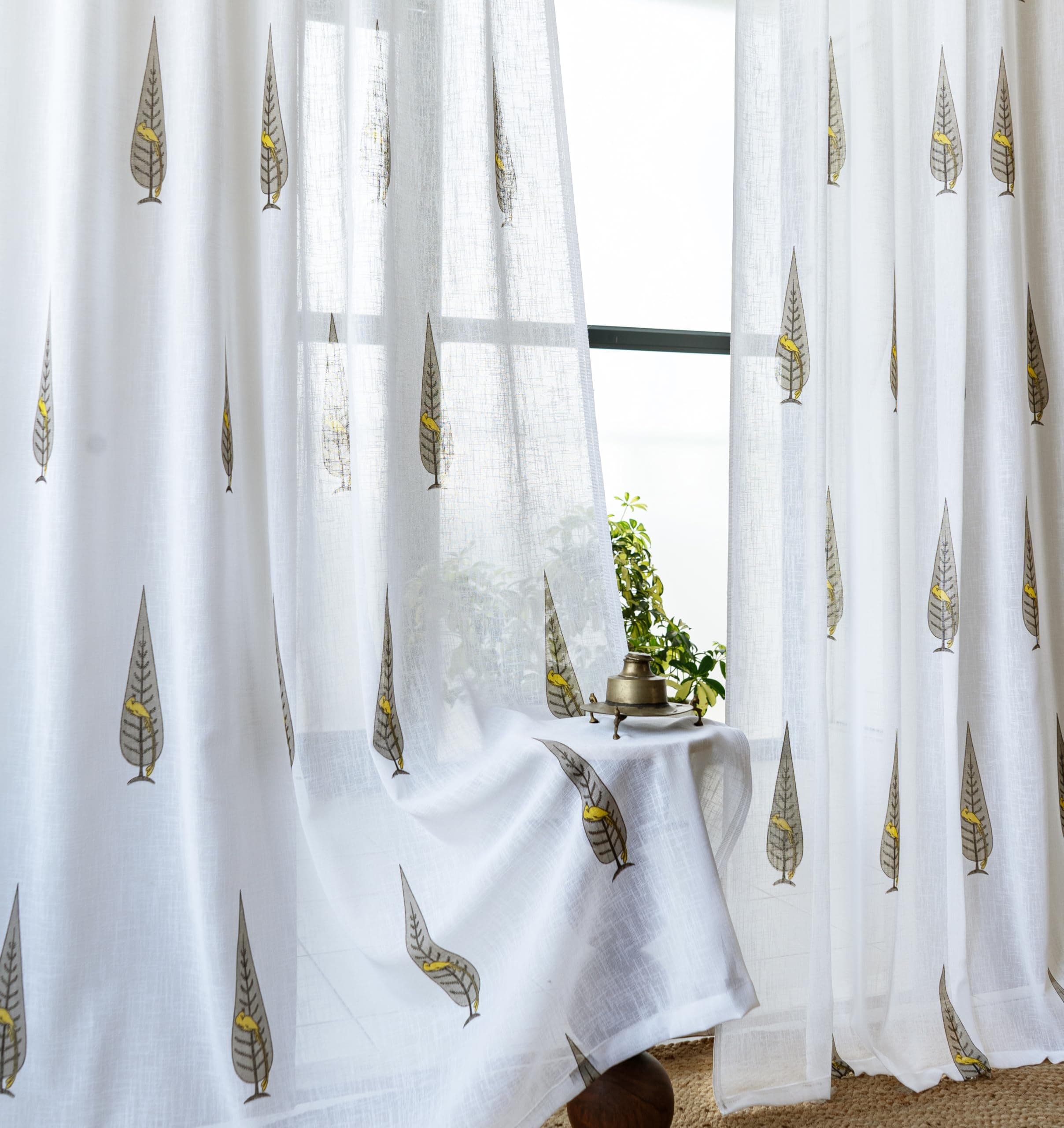 Tranquebar Curtain Co. Sheer Curtains 5 Feet, Linen Textured Sheer Fabric, 20-30% Light Filtering, Yellow Ethnic Curtains Bird Print, White Sheer Curtains, BackTab Loops, Tori (152 cm) - Set of 2