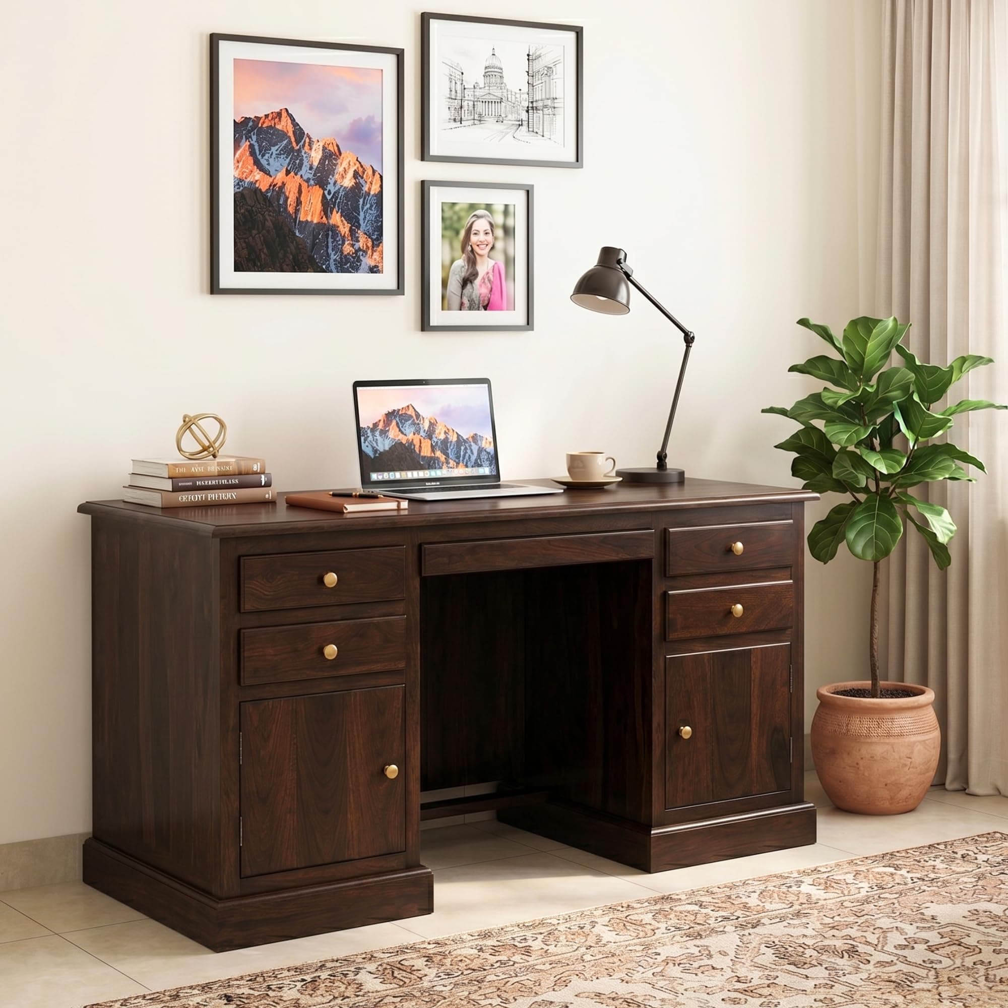 SONA ART & CRAFTS Solid Sheesham Wooden Study Table for Students Big Size with 4 Drawers & 2 Cabinets Study Desk Table Office Table for Work from Home Writing Office Desk Computer Desk (Walnut Finish)