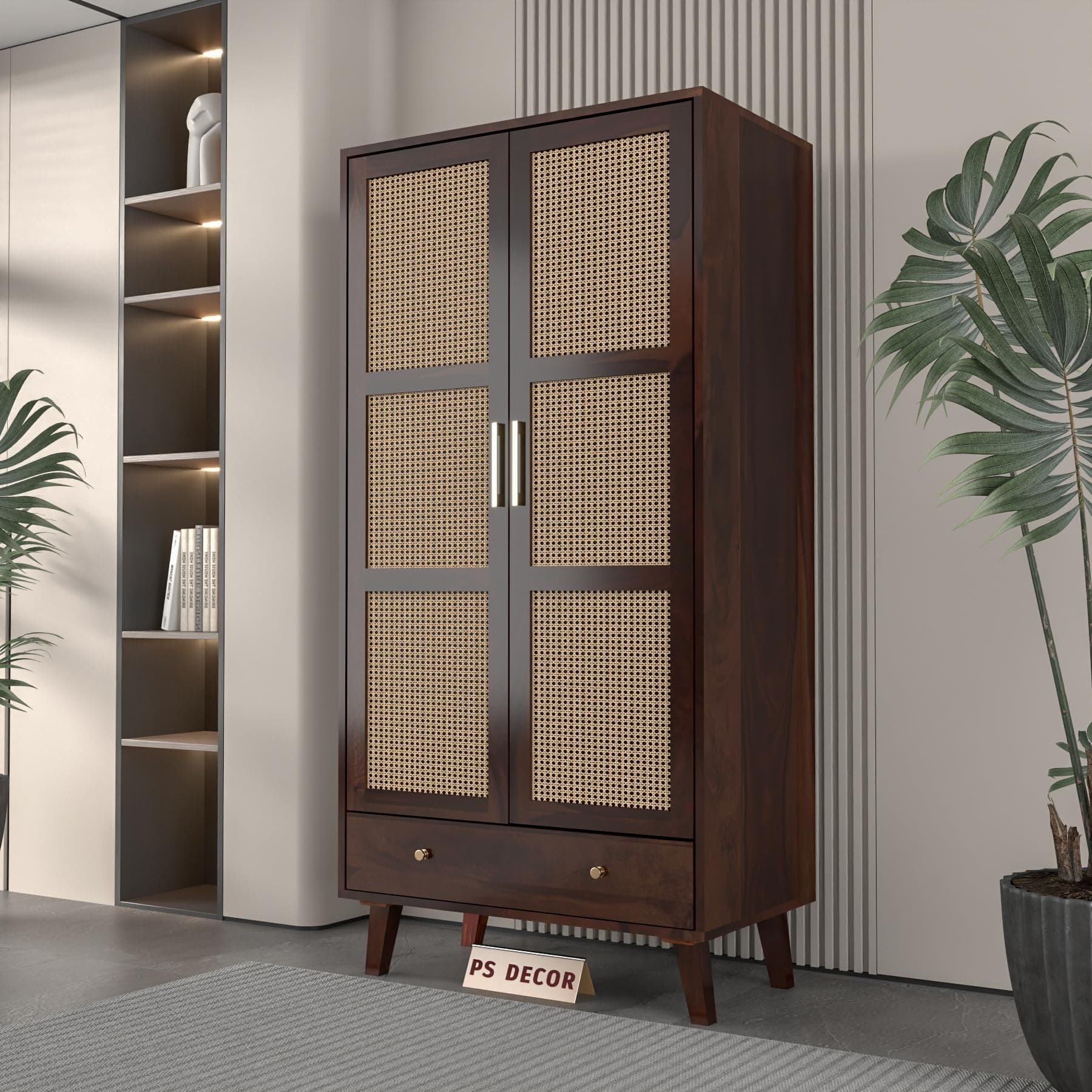 PS DECOR Solid Sheesham Wood Wardrobe with Cane Rattan Doors | Modern Wooden Storage Almirah with Drawer | 2 Door Clothes Cabinet for Bedroom & Living Room (Walnut Finish)