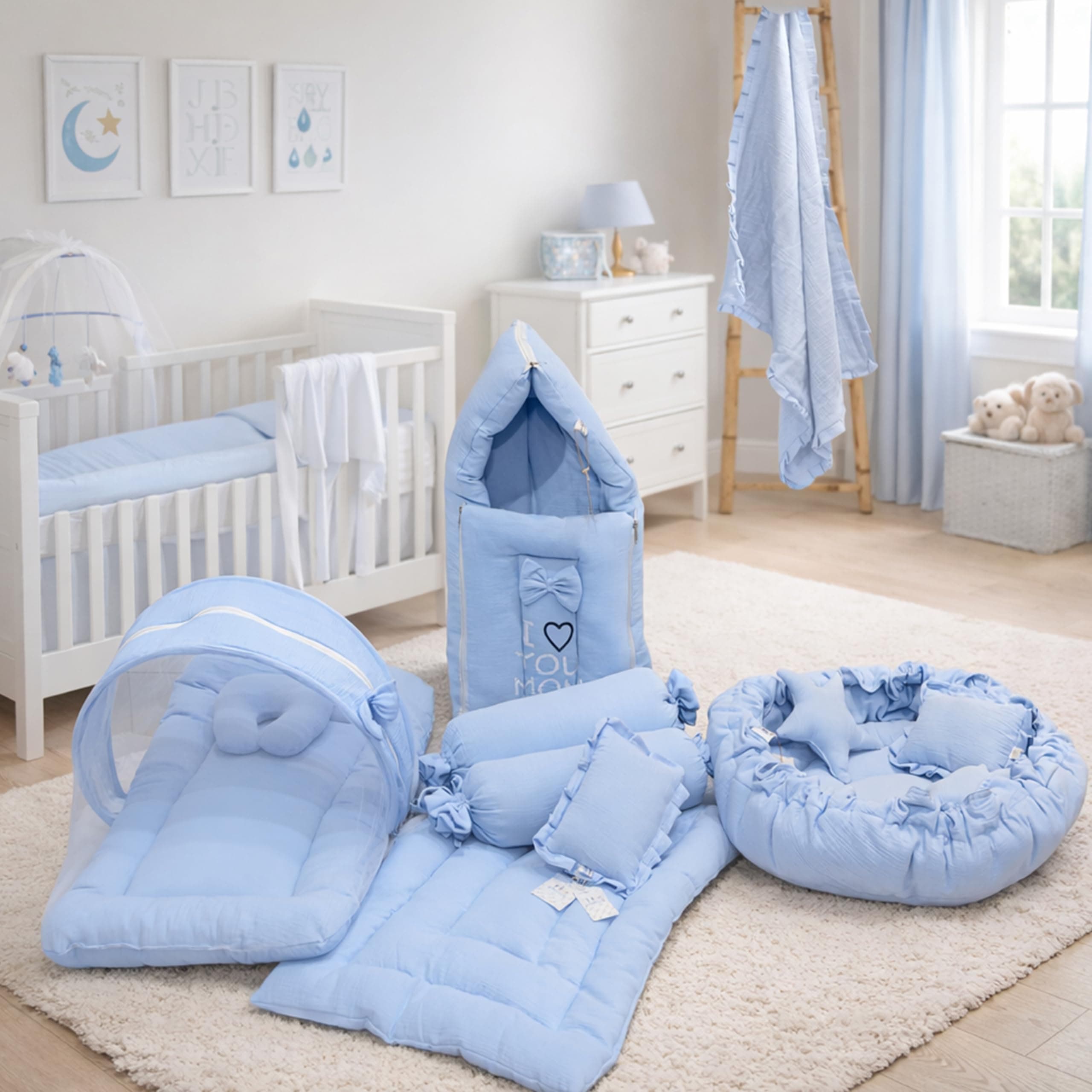Infantbond Fareto Newborn Baby Muslin Cotton Bedding Set Combo | Sleeping Bag | Mattress with Net | Nest | Blanket | Hand Carry Bed & Bolster Set | (0-6 Months) (Musline Blue)