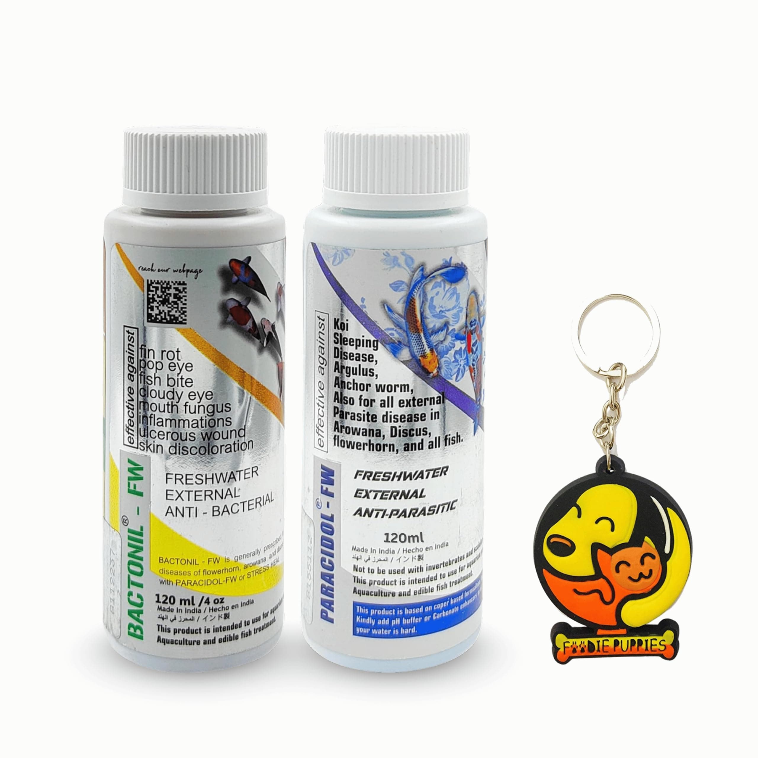 Foodie Puppies Aquatic Remedies 2 in 1 Aquarium Medicine Combo - (Bactonil & Paracidol - 120ml Each) | Anti-Bacterial Effective Fish Skin Treatment |Suitable for Fresh Water with Free Key Ring