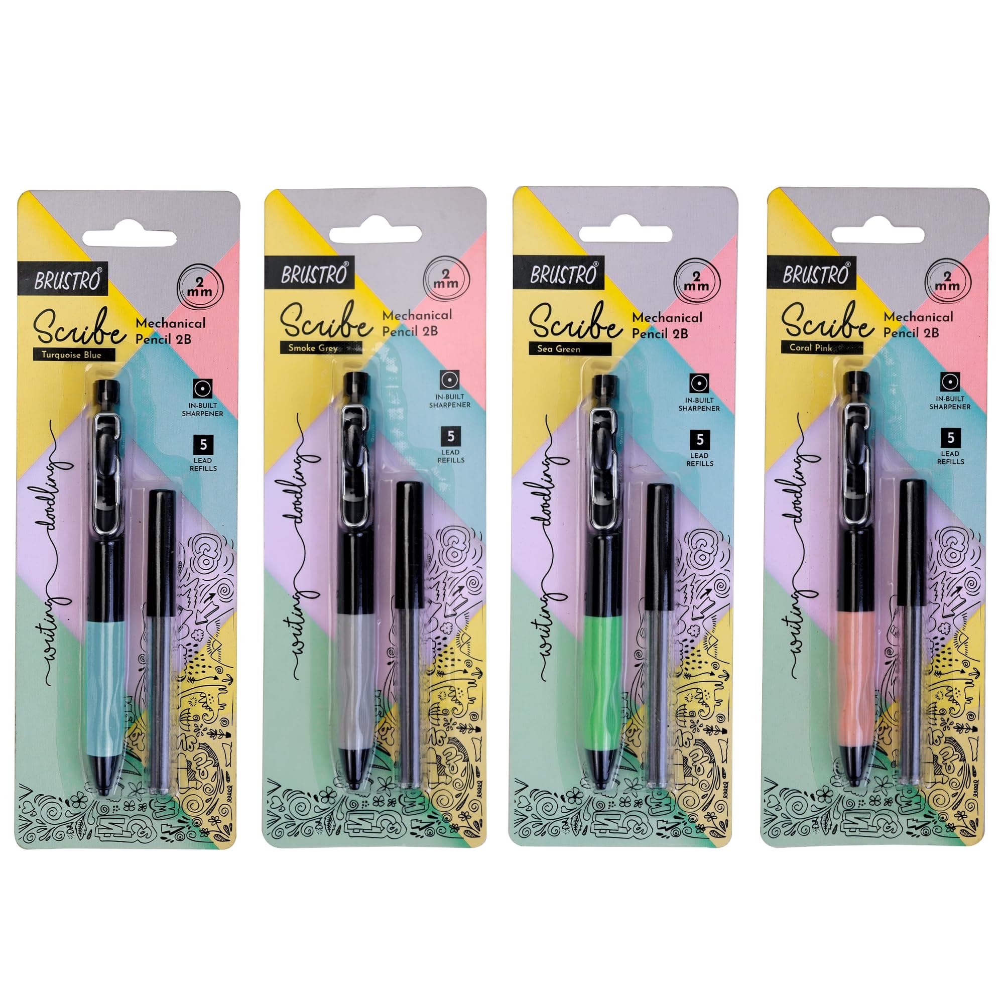 BRUSTRO Scribe Mechanical Pencil 2B | Tip 2MM, Set of 4 (Multicolour) with Built-in Sharpener and 5 Extra Leads | Ideal For Writing,Sketching,Drawing,Mandala Arts,Schools