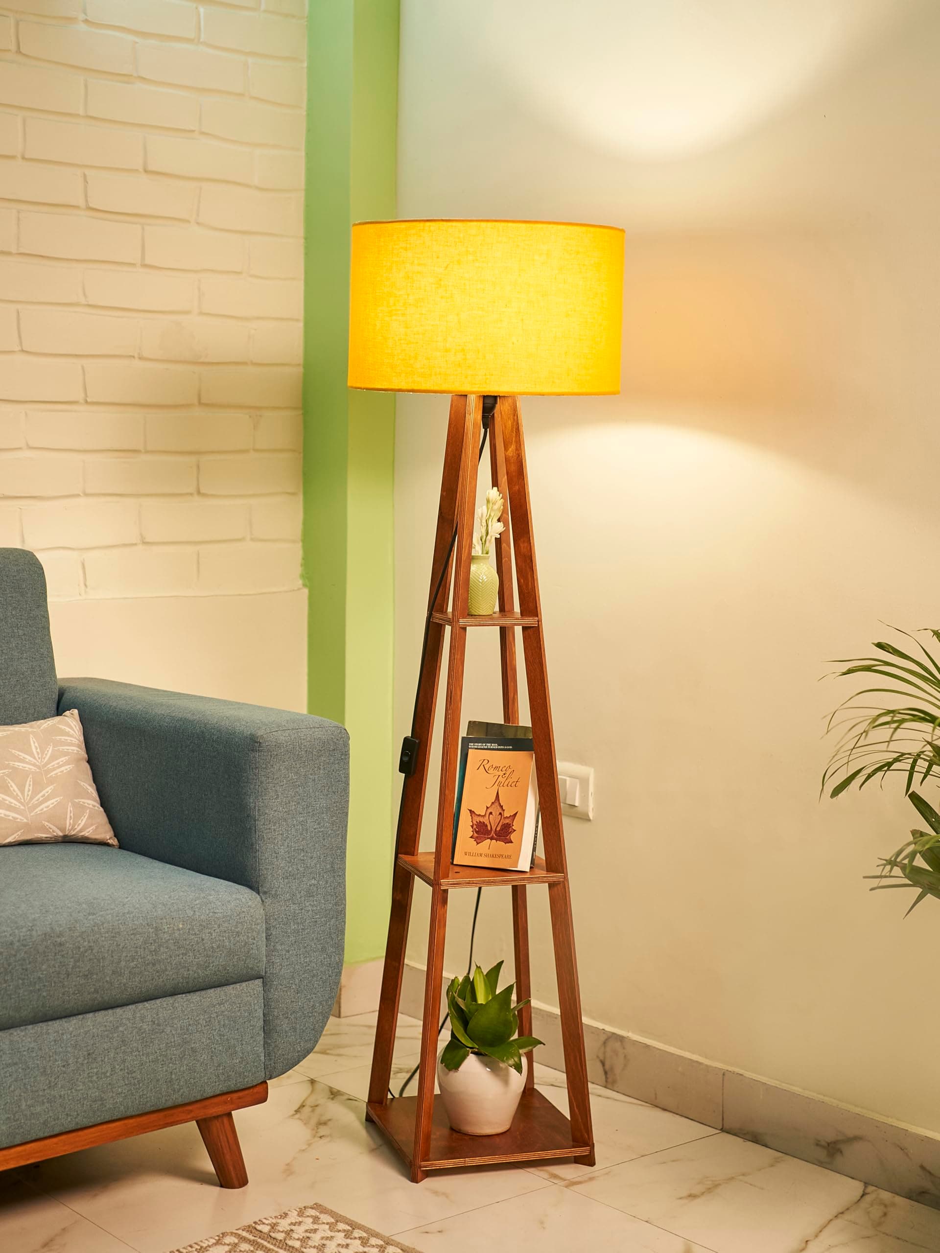Crosscut Furniture Wooden Floor Lamp with Shelf (Fresh Yellow). LED Bulb Included.