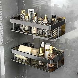 Misamo Enterprise 2 Pcs Aluminium Bathroom Wall Shelf Organiser, 30 cm, Adhesive Mount Storage Rack with Installation Kit (Black)