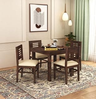 MAMTA DECORATION Solid Sheesham Wood 4 Seater Dining Table Set | Four Seater Dinner Table with 4 Cushions Chairs | Dinning Table Set 4 Seater for Living Room, Hotels & Restaurant | Walnut Finish