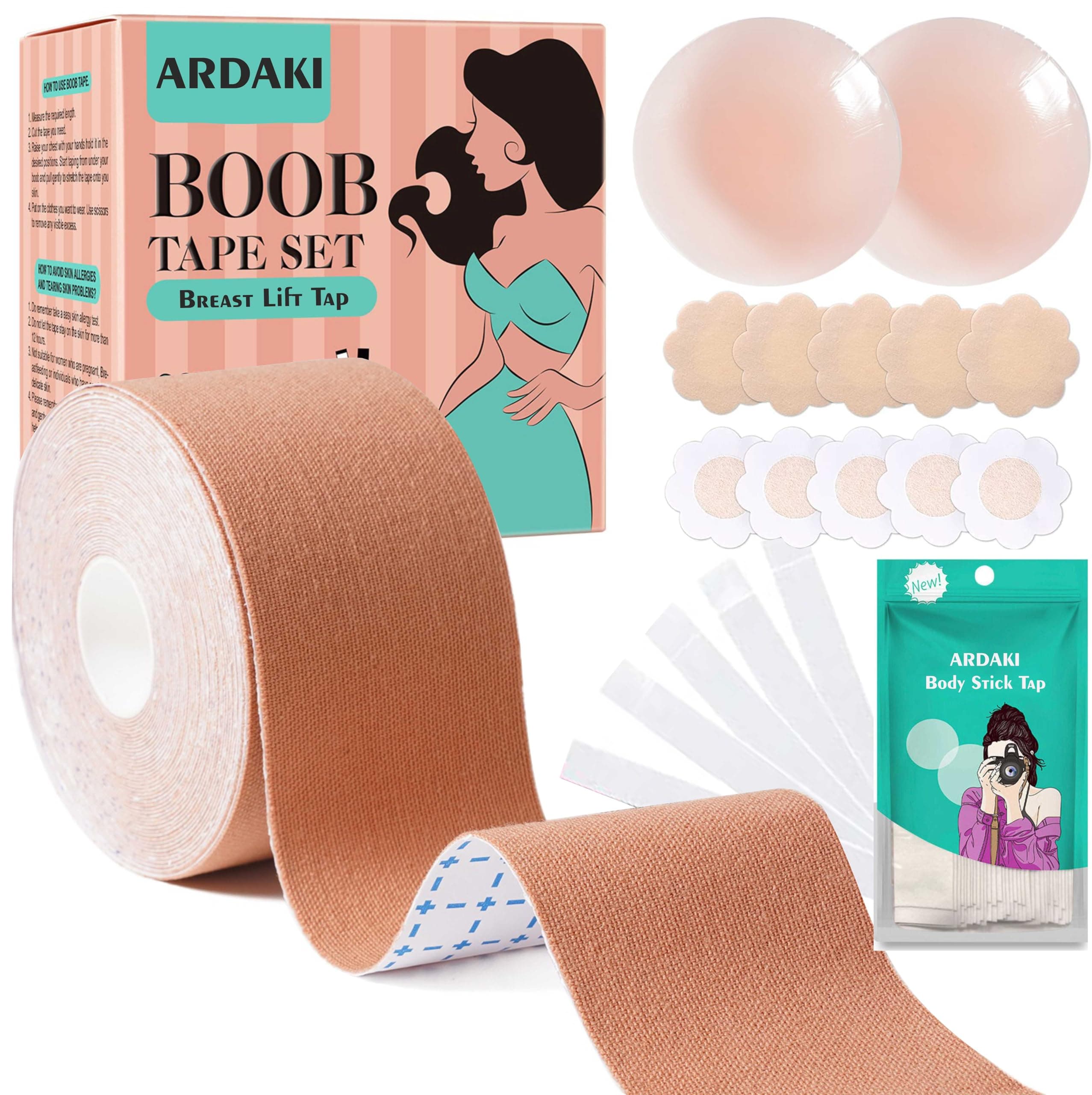 ARDAKI Boob Tape Kit-1 Boobstape Roll for Breast Lift | 10 Nipple Pasties | 36 Strips Double Sided Body Tape for Clothes | 1 Pair Reusable Nipple Cover for Women Clothing & Accessorie (BREAST TAP KIT)