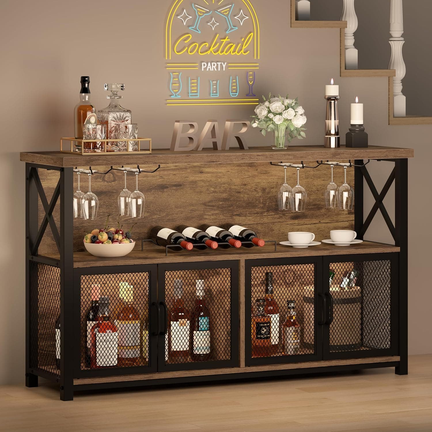 Klaxon Wooden Bar Cabinet for Home | Large Bar Unit for Living Room with Wine Rack, Hanging Glass Holders & Mesh Door Storage | Rustic Bar Table for Home & Bar Counter for Home (Nysa)