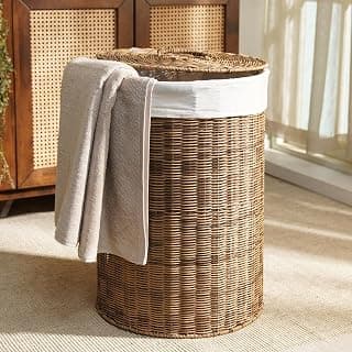 PURE HOME + LIVING Round Heather Wicker Laundry Basket/Storage Box with Lid, Storage Basket With Handles, Woven Storage Basket For Pillows, Blankets, Clothes - 60.96cm x 43.18cm x 43.18cm, Brown