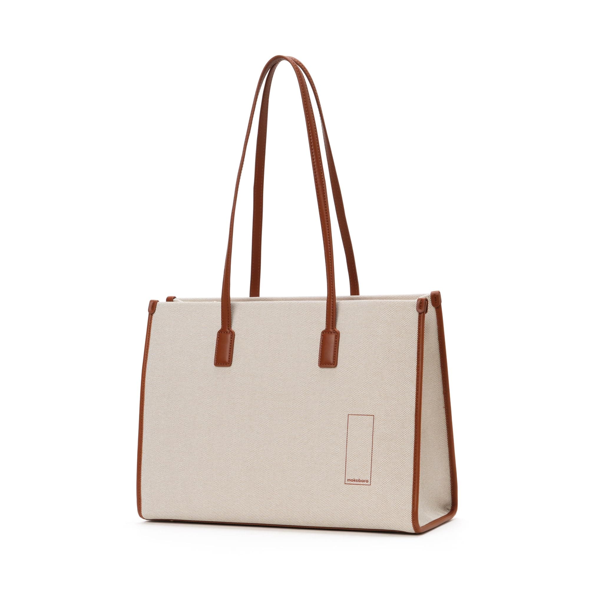MOKOBARA The Skye Tote Bag for Women | Premium Canvas & Vegan Leather Office & Daily Use Handbag | Fits 15 Inch Laptop | Water Resistant Shoulder Bag with Zip Closure | Coconut Cream | Beige