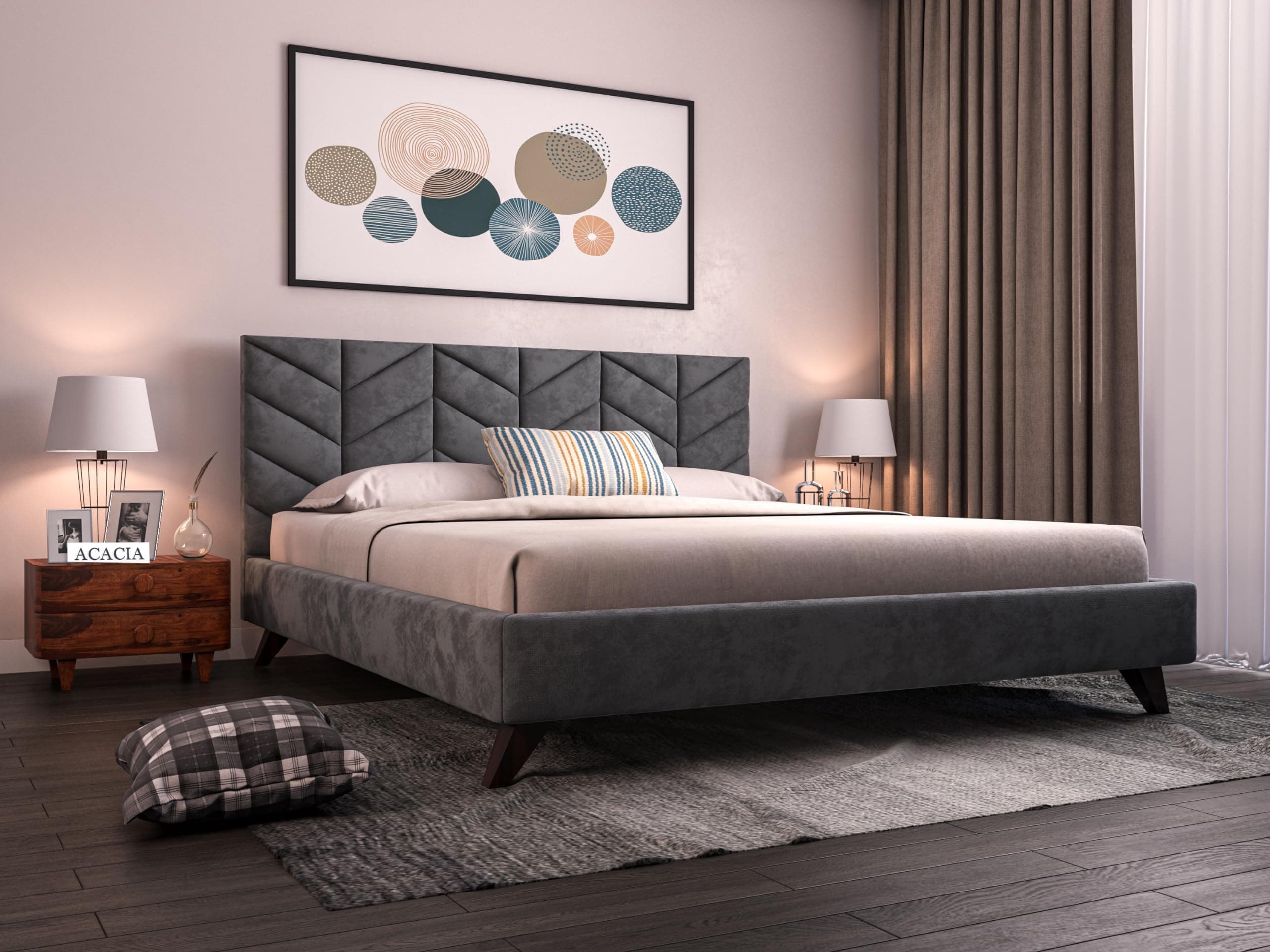Acacia Modern Upholstered King Size Bed for Bedroom | Wooden Double Bed | Platform Cot Bed with Upholstery Premium Fabric | 6.5 x 6 Ft | Sheesham Solid Wood | Brown, Smoke Grey