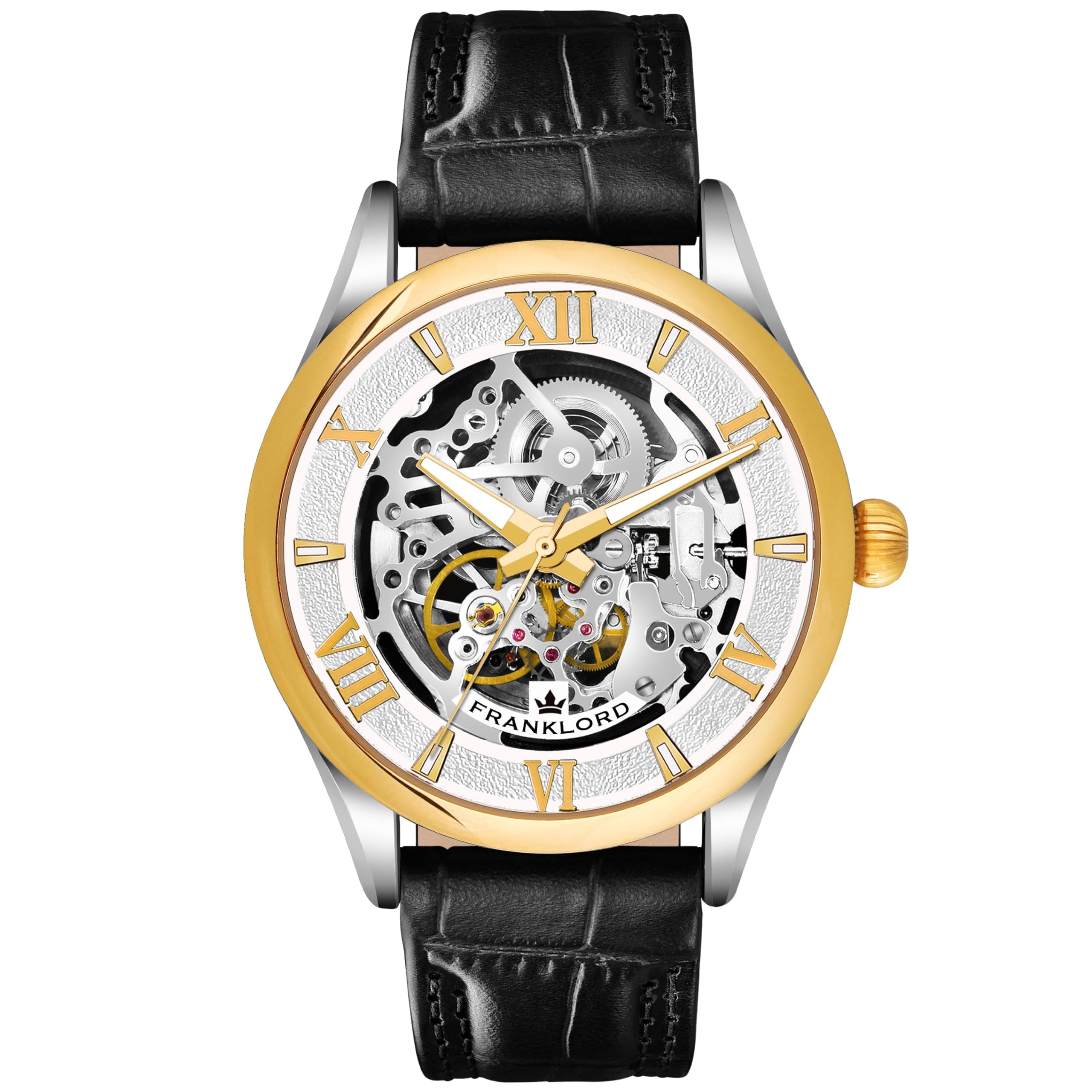 Franklord Self Winder Skeleton Mechanical Automatic Watch For Men | Analog, Round Gold Dial | Black Leather Strap | Premium Luxury Wrist Watch For Men & Boys
