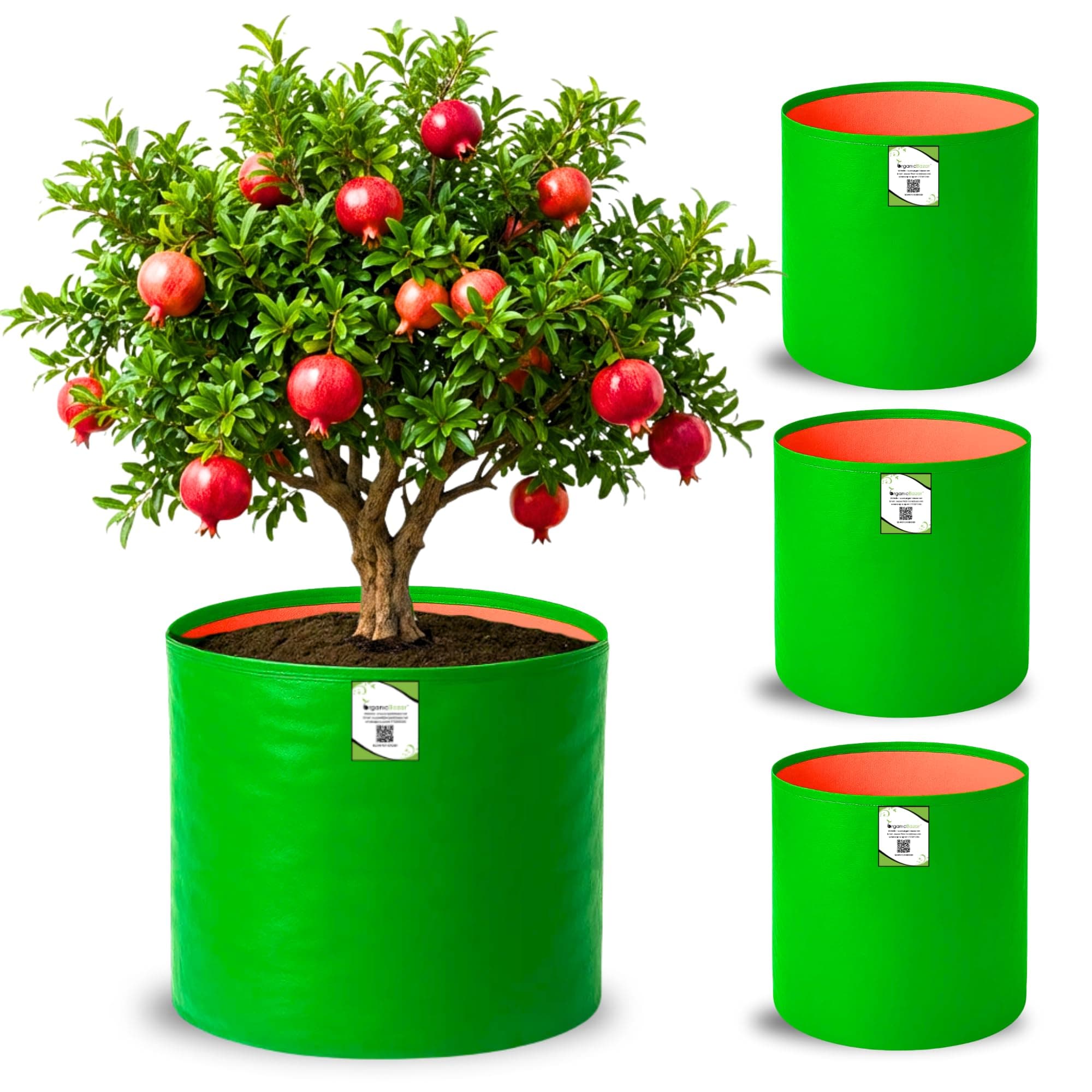 ORGANIC BAZAR 18x18 Big Size Grow Bags for Terrace Gardening, Premium HDPE Green-Orange Large Planters for Fruit Tree (Pack of 4)