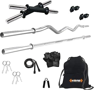 Kore 3 Ft Plain Rod + 3 Ft Curl Rod Chrome Plated and One Pair of Dumbell Rods (14 inches) with Gym Accessories