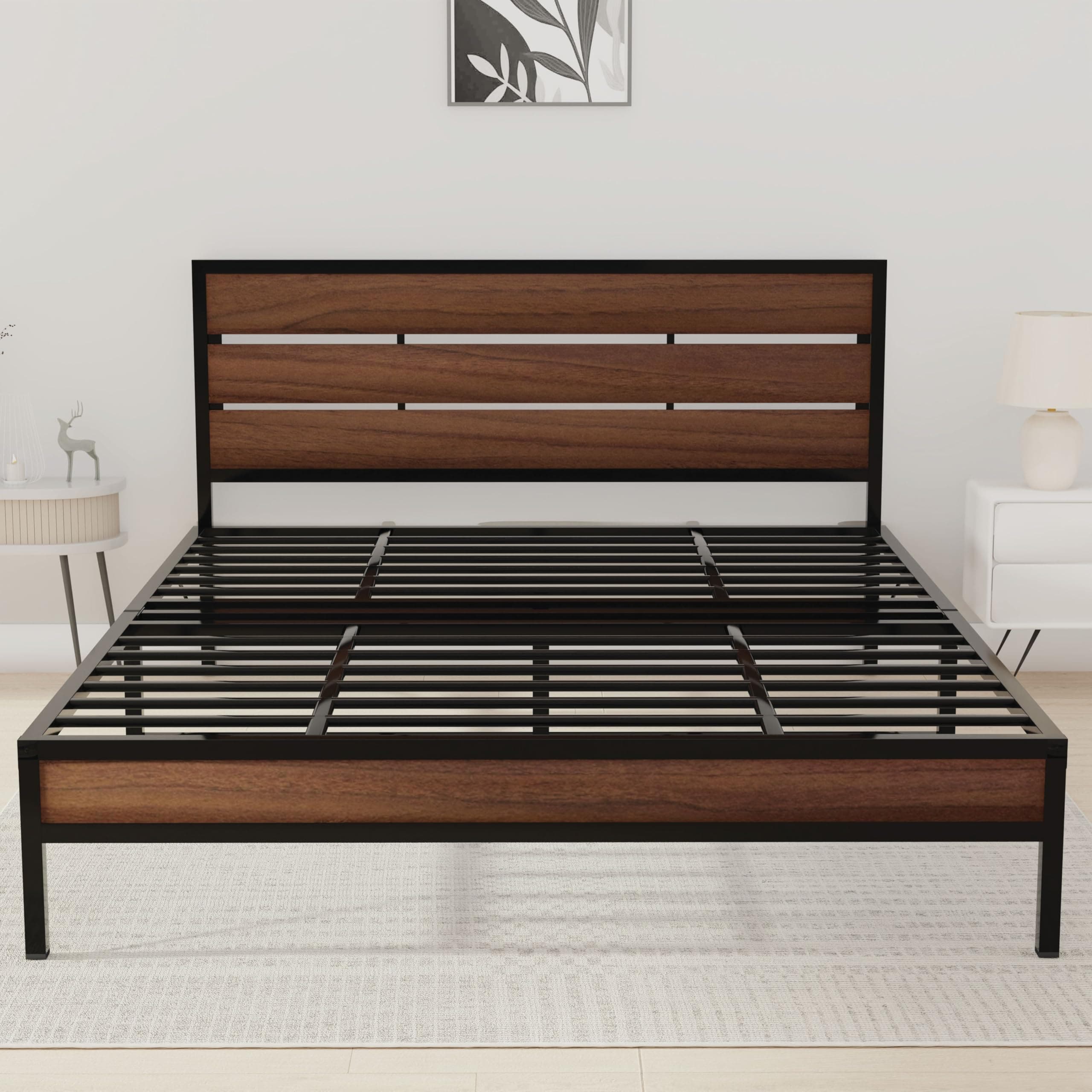 Honey Touch Elvo Queen Size Bed Frame | Sturdy Steel Structure with Wooden Headboard | Noise-Free | No Assembly Required | Modern Minimalist Design |