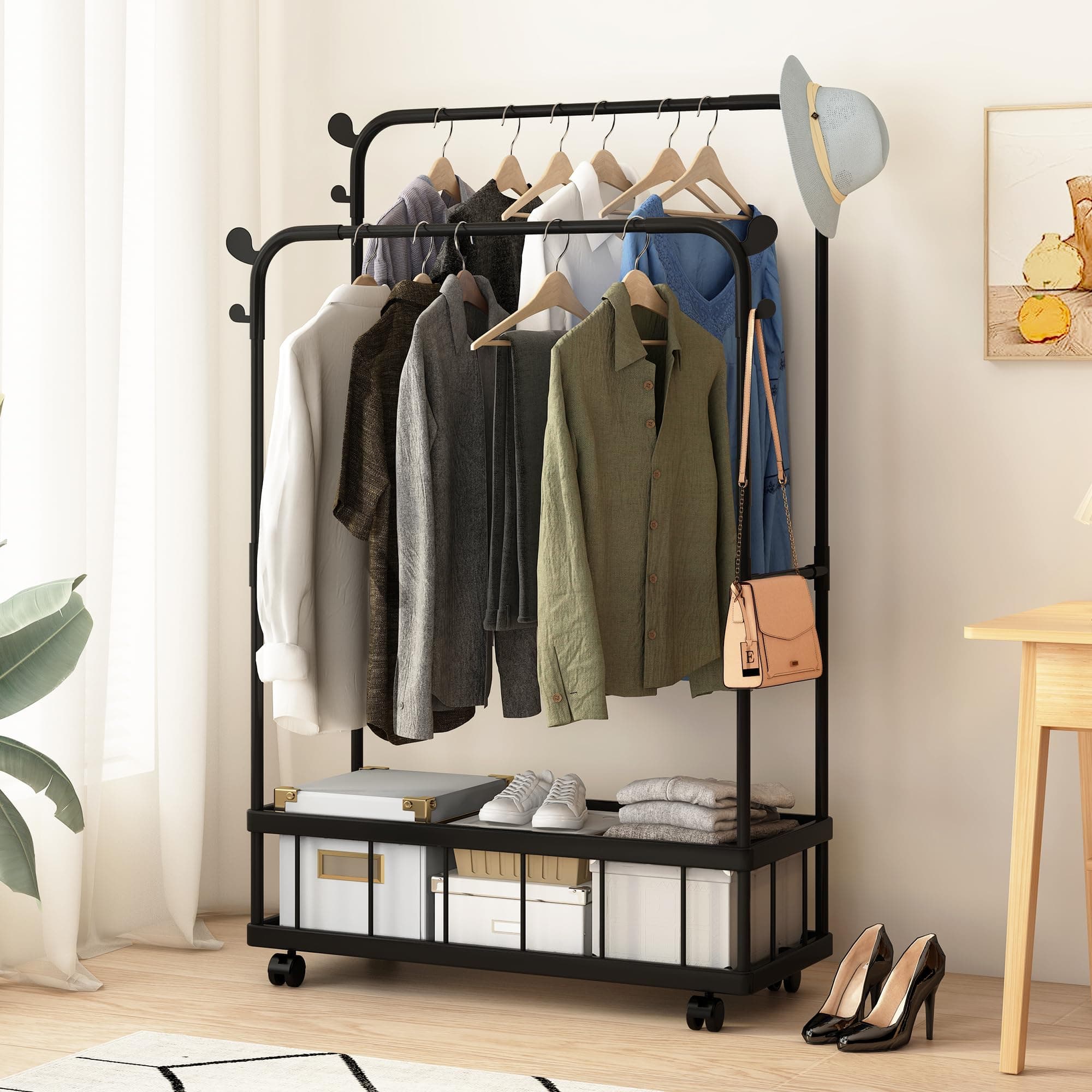 Story@Home Double Rod Metal Garment Rack for Clothes with Wheels, Bottom Storage Shelf & 4 Side Hooks | Multipurpose Freestanding Clothes Stand for Bedroom, Entryway, Living Room - Black