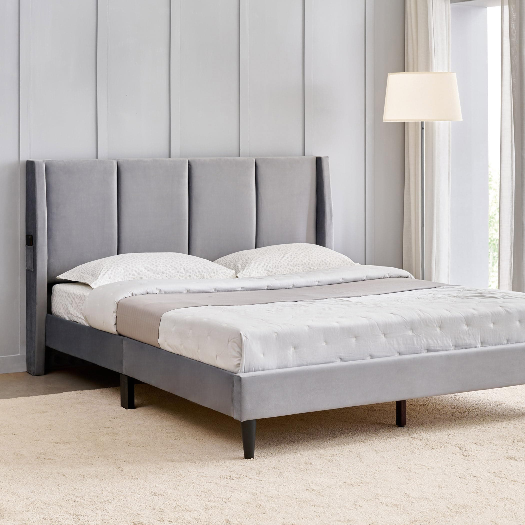Home Centre | Helios Bravo Aden Upholstered King Size Bed Without Storage | Engineered Wood | Grey | 1 Year Warranty