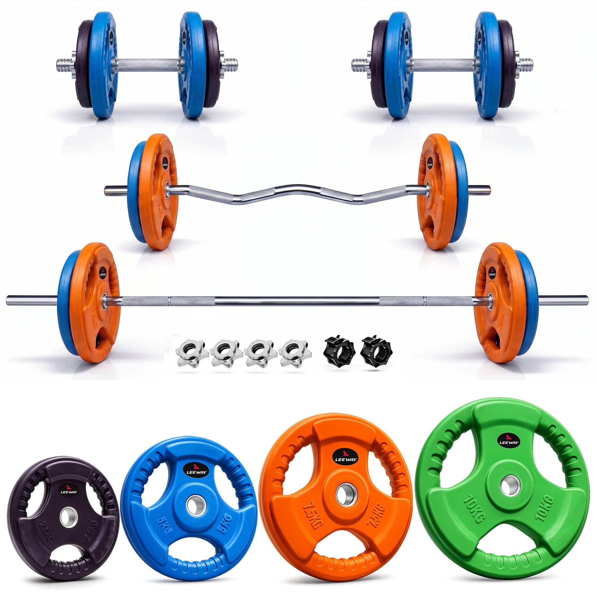 Leeway 50kg Combo | Home Gym Set for Men | Barbell Rod with Plates and Dumbbell Set | Rubber Weight Plate, 3 Ft Curl + 5 Ft Rod (28mm) | Weightlifting Gym Equipments for Home Workout Kit Zym, 50kg Set (2.5X2+5X2+7.5X2+10X2))