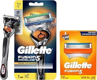 Gillette Proglide Men's Grooming Razor with Flexball Technology - Adapts to Facial Contours (1 pc) & Fusion Shaving Blades- Pack of 10 (Cartridges)