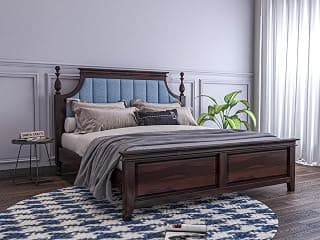Wooden King Size Bed Without Storage | Low Height Cot with Blue Upholstered Cushion Headboard | Solid Wood Sheesham, Walnut Finish | Mattress Size: 78 X 72