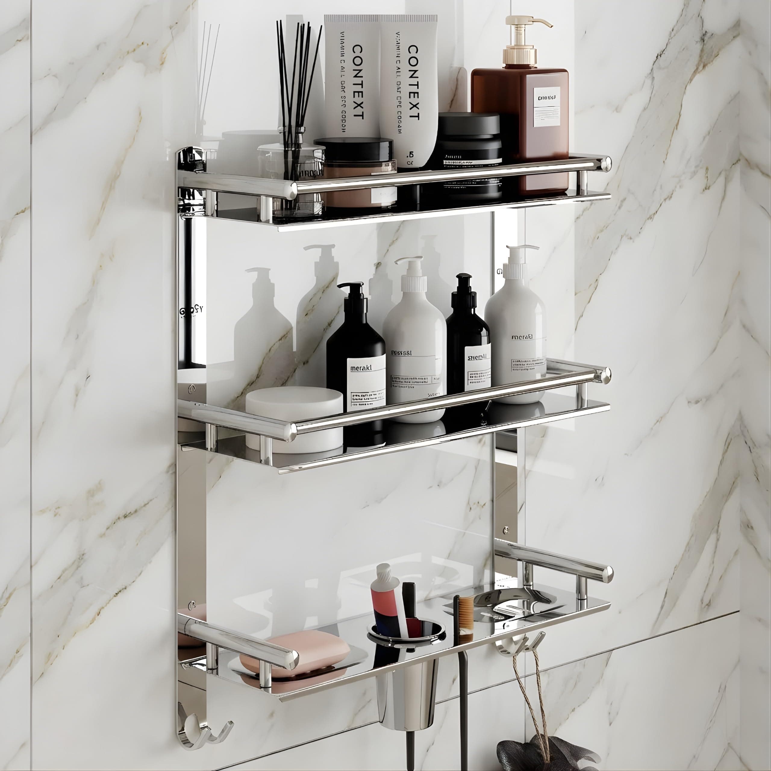 GLOXY Premium 3 Layer Bathroom Shelves Rack - Wall Mount Chrome Finish Stainless Steel Bathroom Shelf with Soap Dish, Toothbrush Holder & Multipurpose Hooks - 4in1 Bathroom Fittings Accessories Set