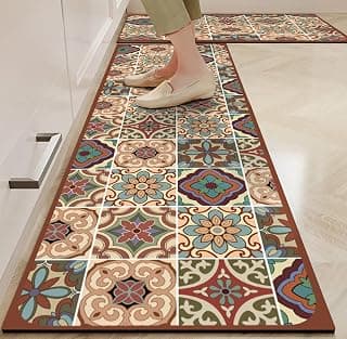 Yellow Weaves– Non-Slip Kitchen Floor Mats, Water Absorbent, Rugs,Standing Rubber Mats for Kitchen, Office, Sink and Laundry Room, Moroccan Tile Multi (Pack of 2)