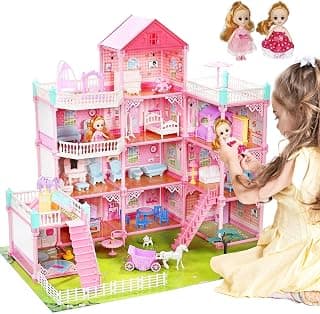 11-Room Dream House Dollhouse, DIY Building Toy for Girls Ages 3-8, 2 Dolls, Furniture & Accessories, Pretend Play Doll House, Pink Princess Castle Design, Gift for Girls