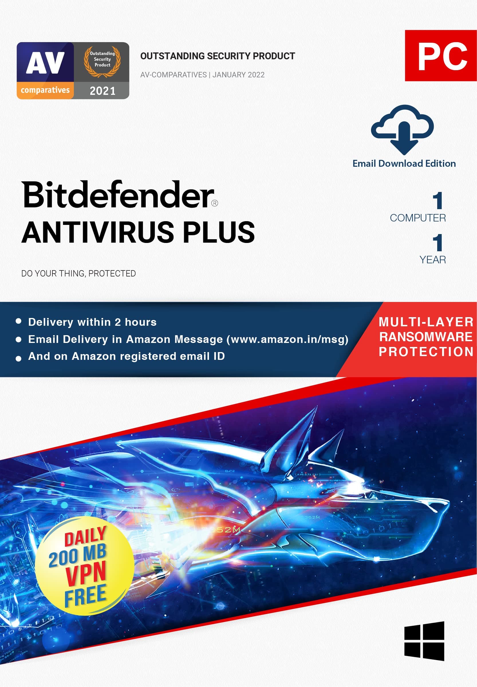 BitDefender Antivirus Plus Latest Version with Ransomware Protection (Windows) - 1 User, 1 Year (Email Delivery in 2 hours - No CD)