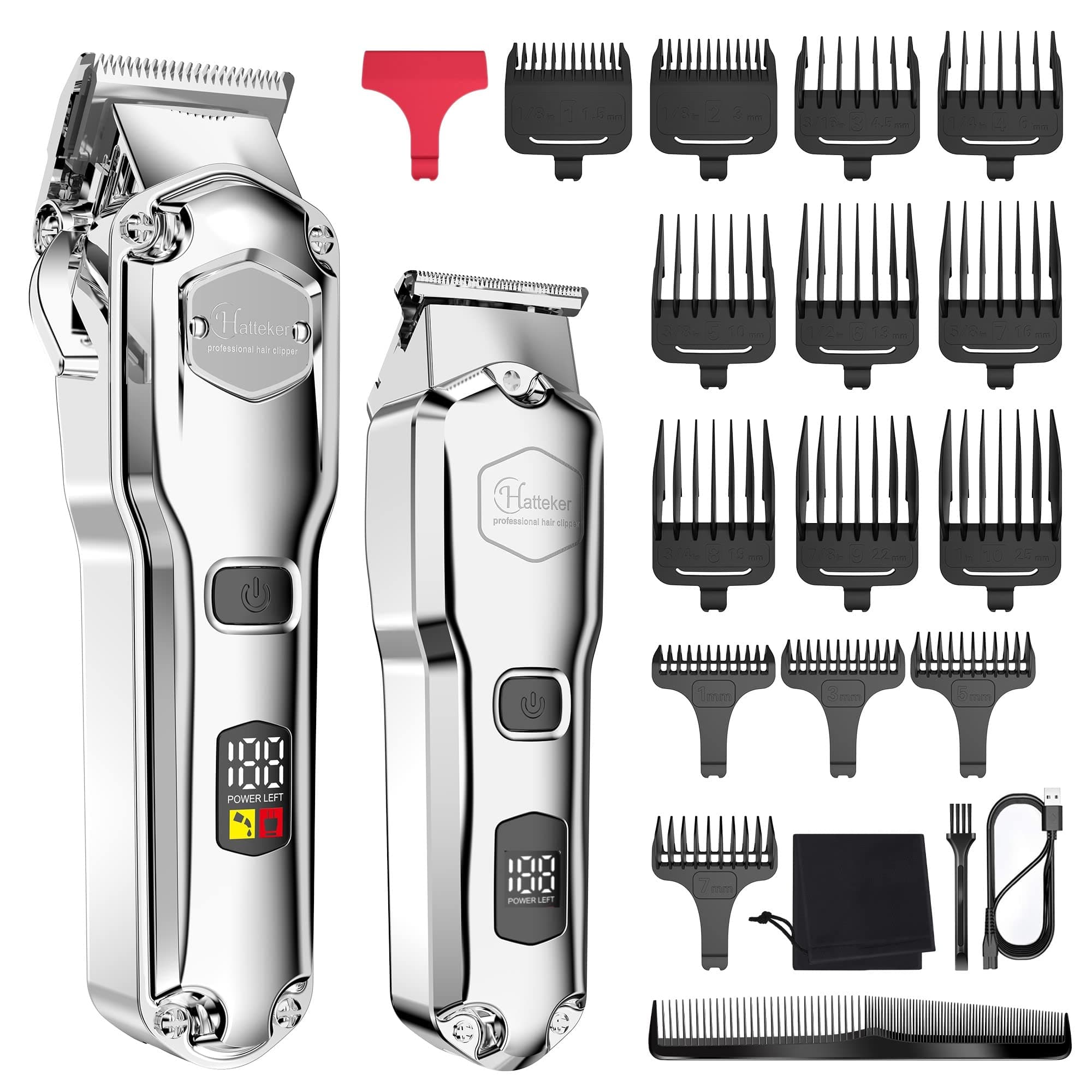 Hatteker Hair Clipper & Trimmer Set for Men IPX7 Waterproof Cordless Barber Clipper for Hair Cutting Kit with T-Blade Trimmer Beard Trimmer Kids Clipper Professional USB Rechargeable (Silver)