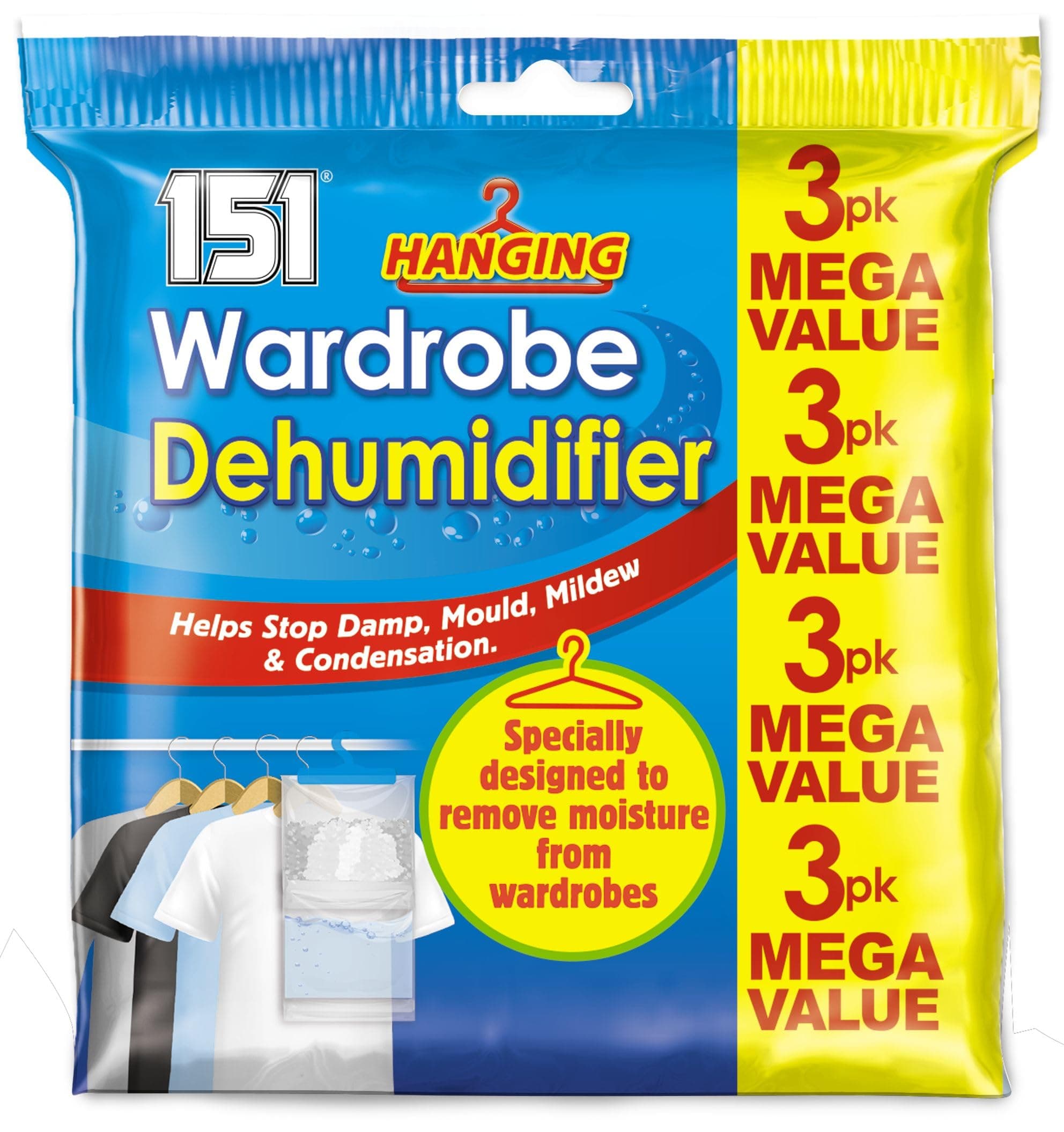 151 Dehumdifier Moisture Absorber Hanging Pouch, Fragrance Free, 3x180gr Air Freshener for Room, Toilet | Moisture Absorbers