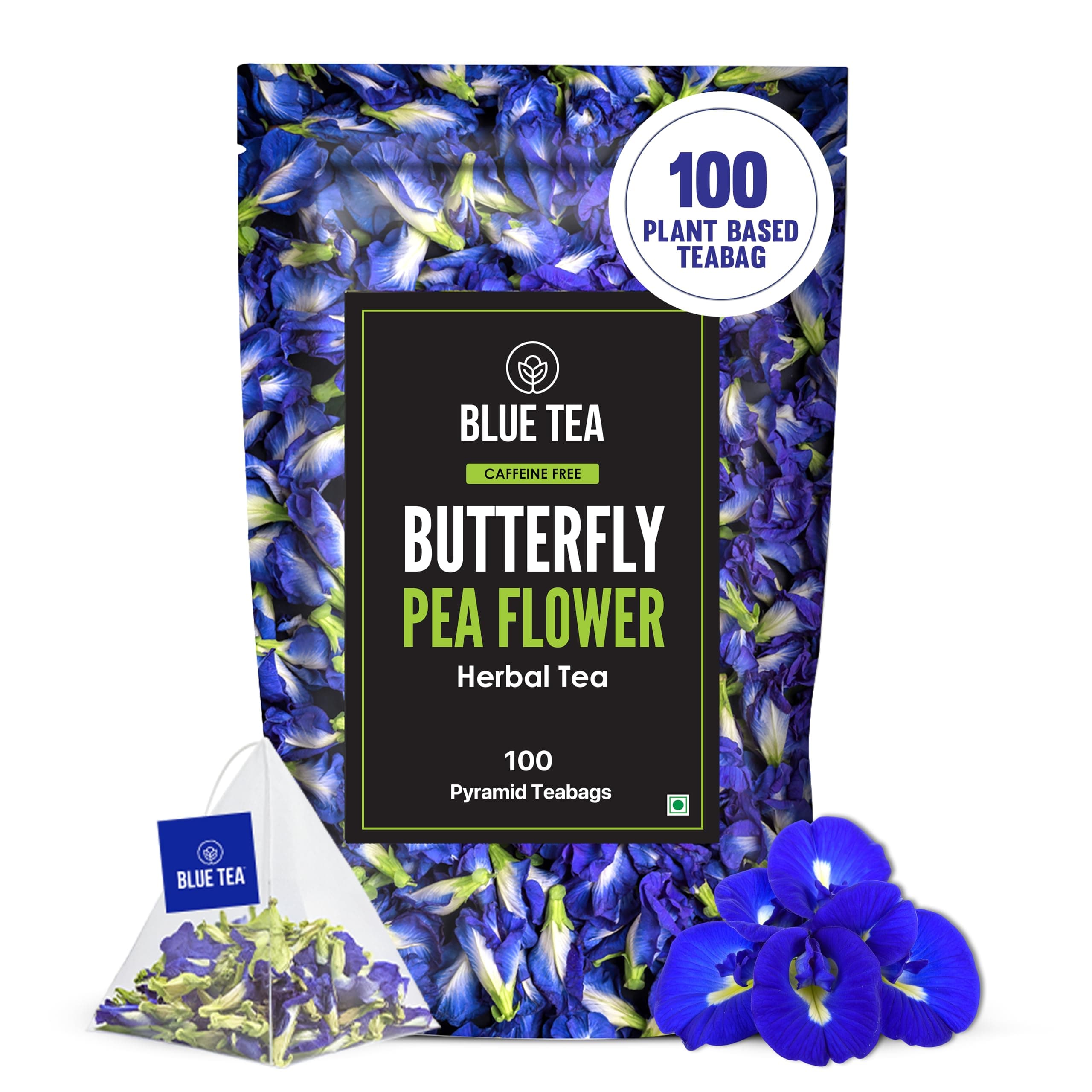 BLUE TEA - Butterfly Pea Flower Tea - 100 Tea Bags - Plant Based | ANTIOXIDANT RICH | Aparajita - Shankhpushpi | Caffeine Free - Detox - Flower Based - Herbal Tea | Ziplock
