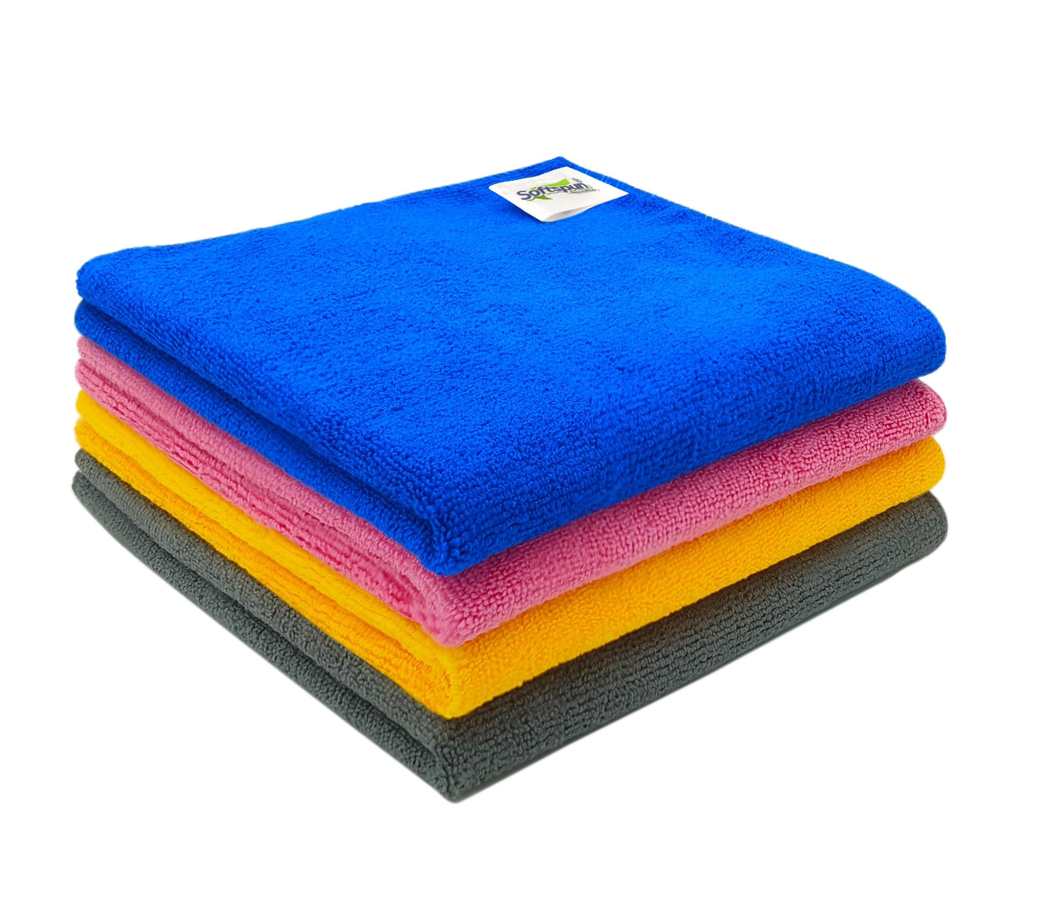 SOFTSPUN Microfiber Super Absorbent Small Wipes 340 GSM 40x40cms 4 Piece Multicolor! Highly Absorbent Lint and Streak Free Multi -Purpose Wash Cloth for Kitchen Window Stainless Steel Silverware.