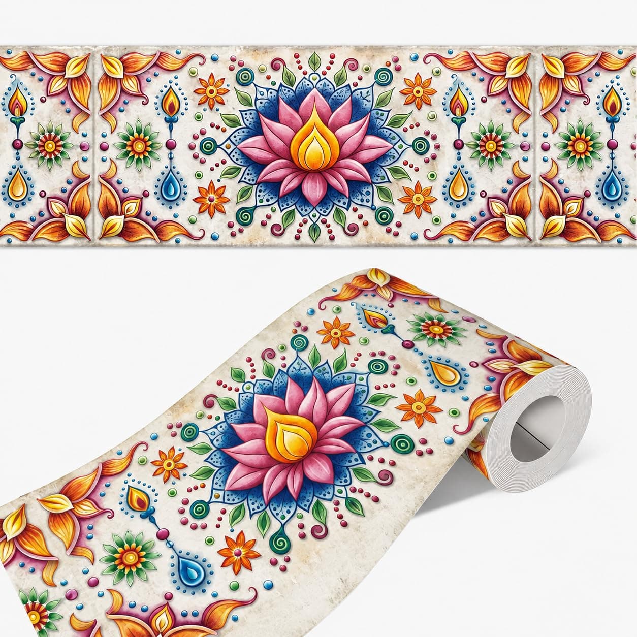 ATTRACTSO - Pichwai Wall Border Peel & Stick 10 ft x 5 inch | for Home Decor, Tiles, Kitchen, Door Entrance, Floor Decoration - Vinyl matt Finish Laminated Waterproof Roll (Lotus)