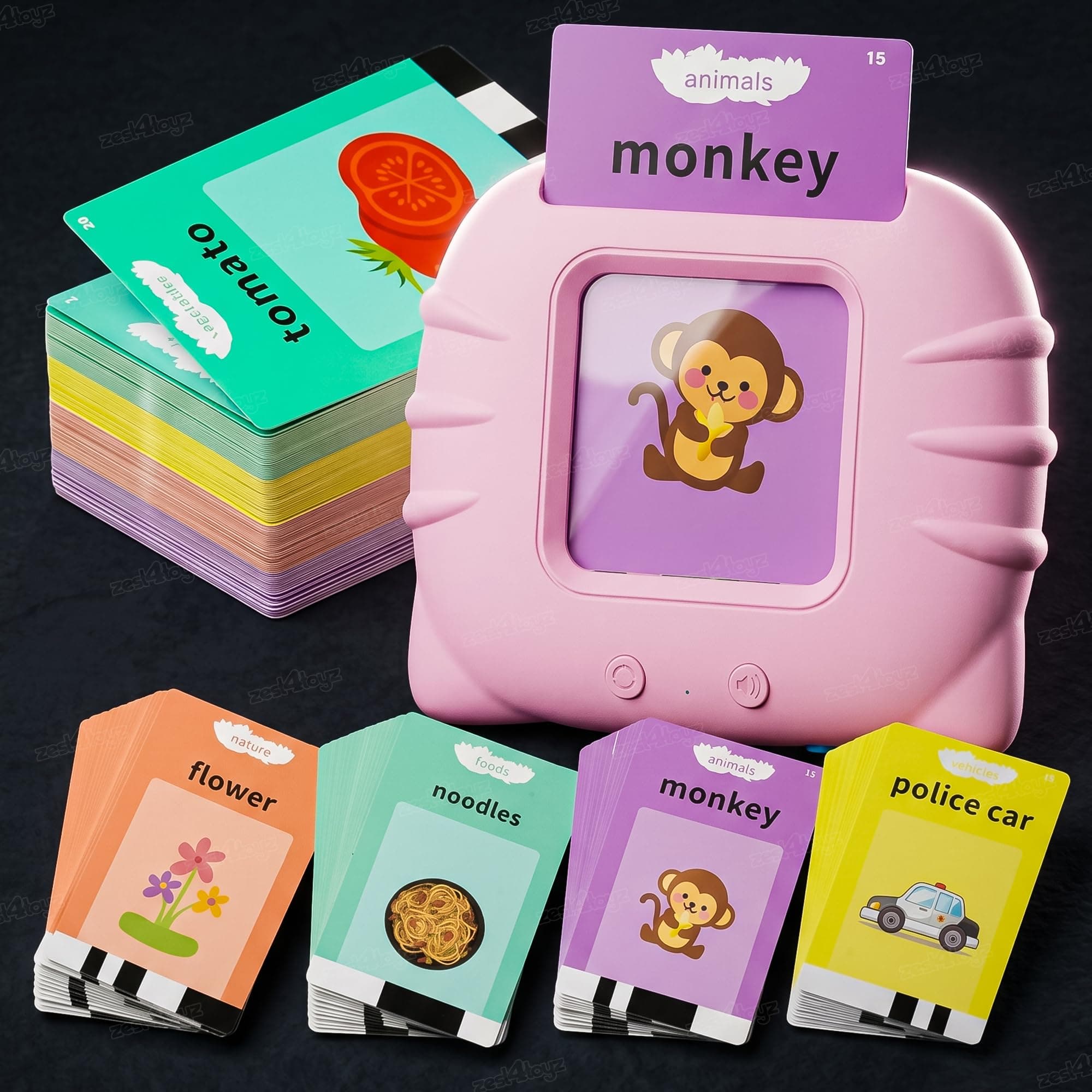 Zest 4 Toyz Montessori Talking Flash Cards for Kids 2-5 Years | Cognitive Language Skills | 224 Double-Sided Cards | Sound & Pronunciation | Rechargeable Educational Learning Toy for Toddlers - Pink