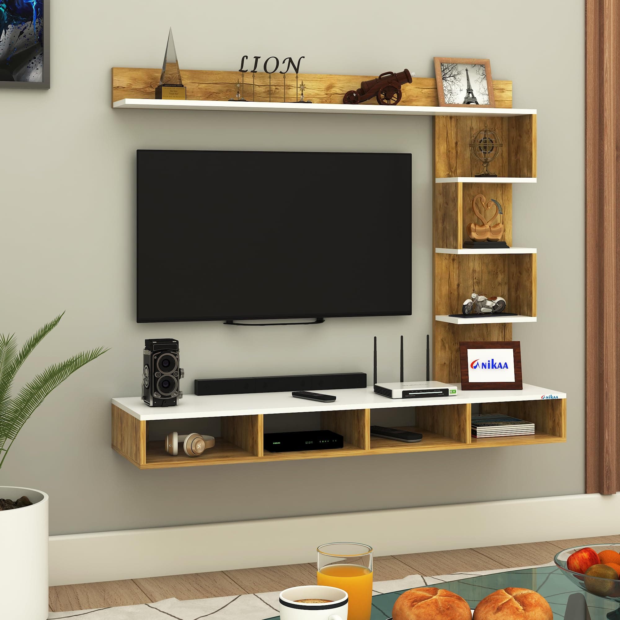 Anikaa Casey Engineered Wood Wall Mount TV Unit/TV Stand/TV Cabinet/TV Entertainment Unit/Set Top Box Stand (Ideal for 55 Inch) (D.I.Y) (Gaintwood/White)