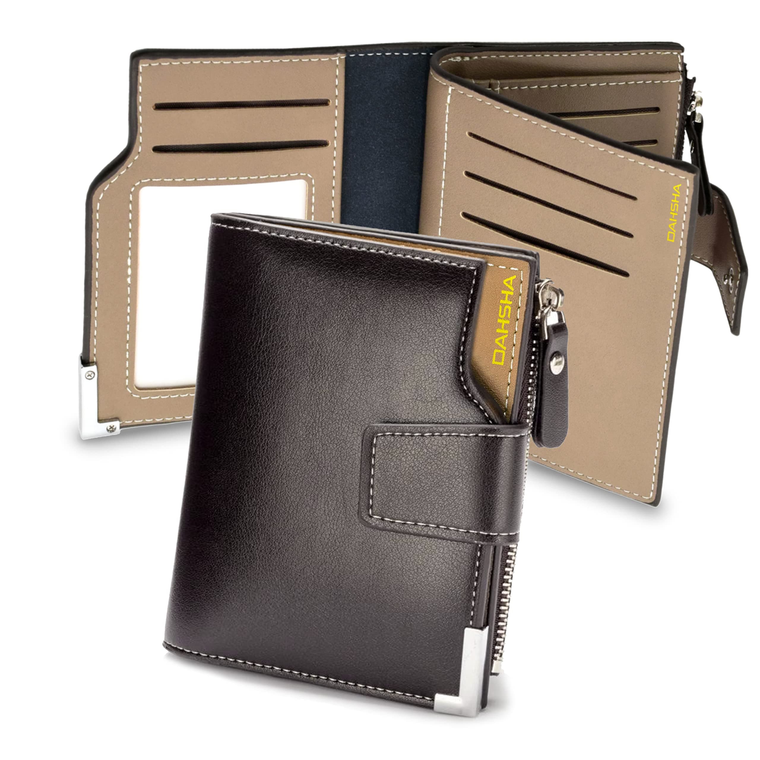 DAHSHA 13 Pockets Large PU Leather Card Holder Wallet for Men & Women | Credit Debit Card Organizer Zipper Coin Purse, 12 x 9.5 x 2 cm, Dark Brown