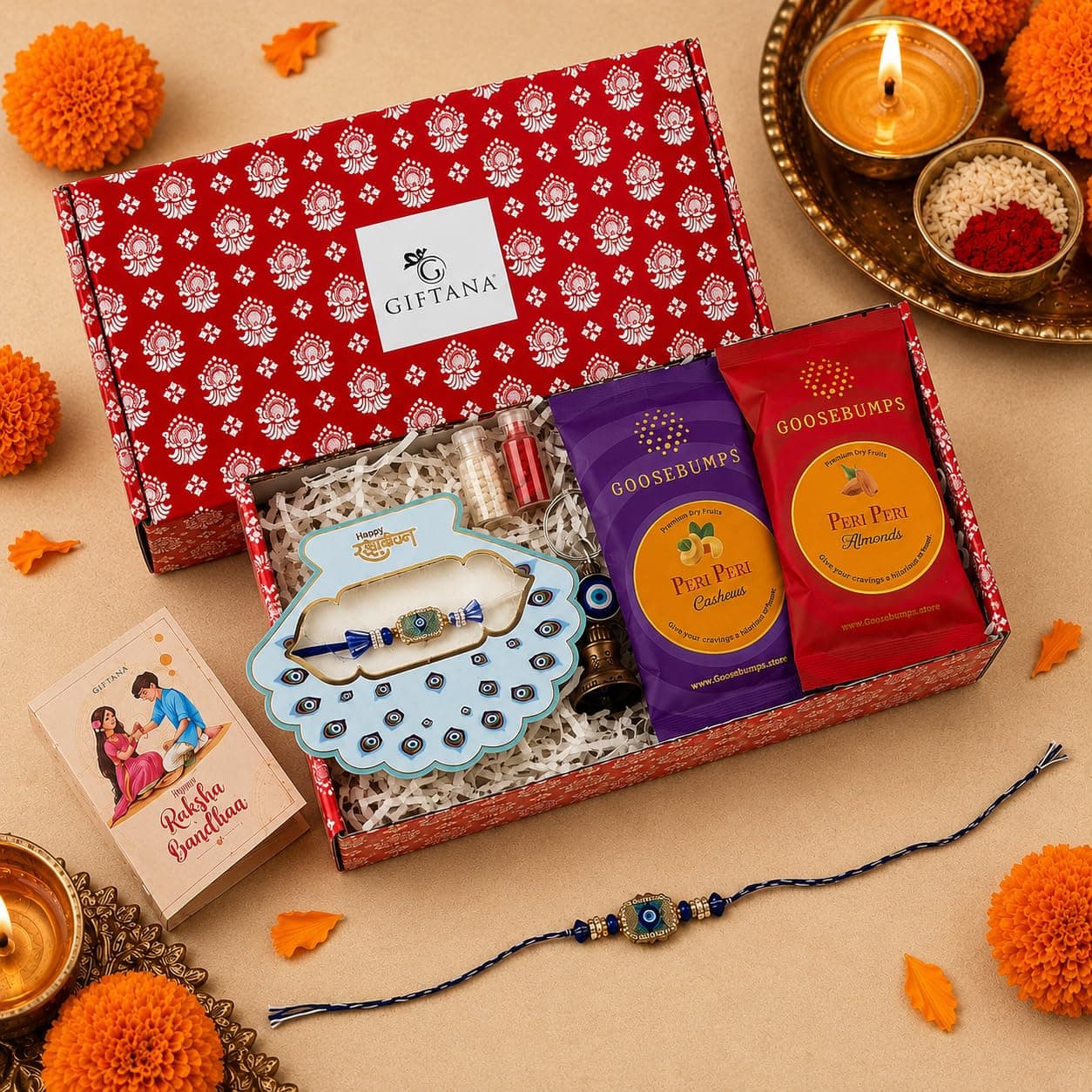 Giftana Rakhi Gift Set for Brother with Evil Eye Rakhi, Guardian Bell Keychain, Greeting Card, Raksha Bandhan Gift Combo for Bhai & Bhaiya