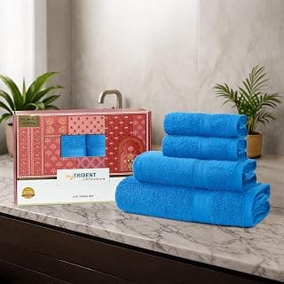 MYTRIDENT Celebration Towels for Bath Large Size, 4 PC Towel Set, 1 Bath, 1 Small Bath, 2 Hand, Perfect Blue