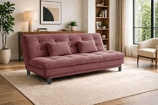 Modern Velvet Sofa Cum Bed, Tufted Convertible Couch, 3-Seater Sleeper Sofa, Space-Saving Design, Soft Cushioned Seating – Rose Pink