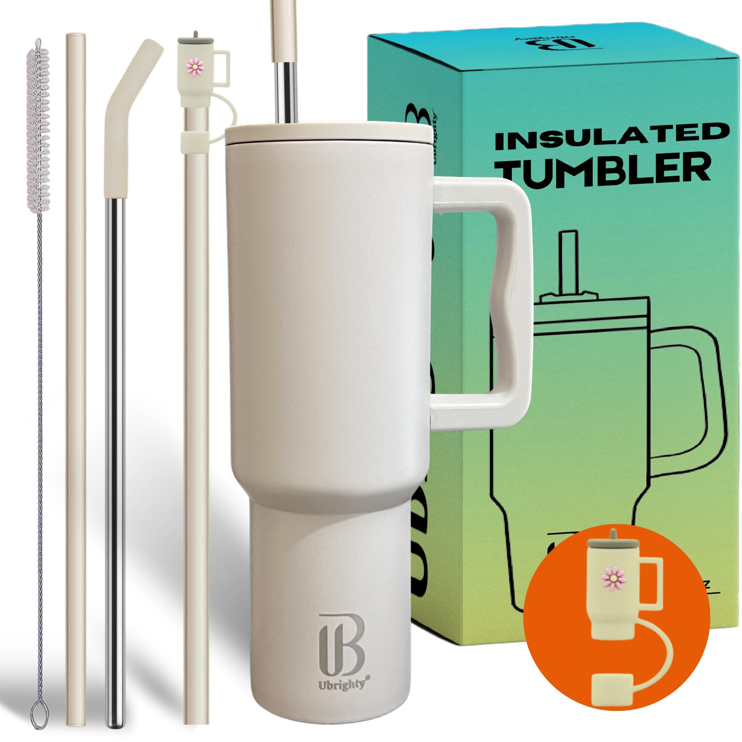 Ubrighty 1 Ps Tumbler with Straw and Lid | Sipper Bottle | 1200ML Stainless Steel Water Tumbler Insulated Hot and Cold with Handle Leak Proof Cup Cupholder for Gym Office Travelling Women (CREEM)