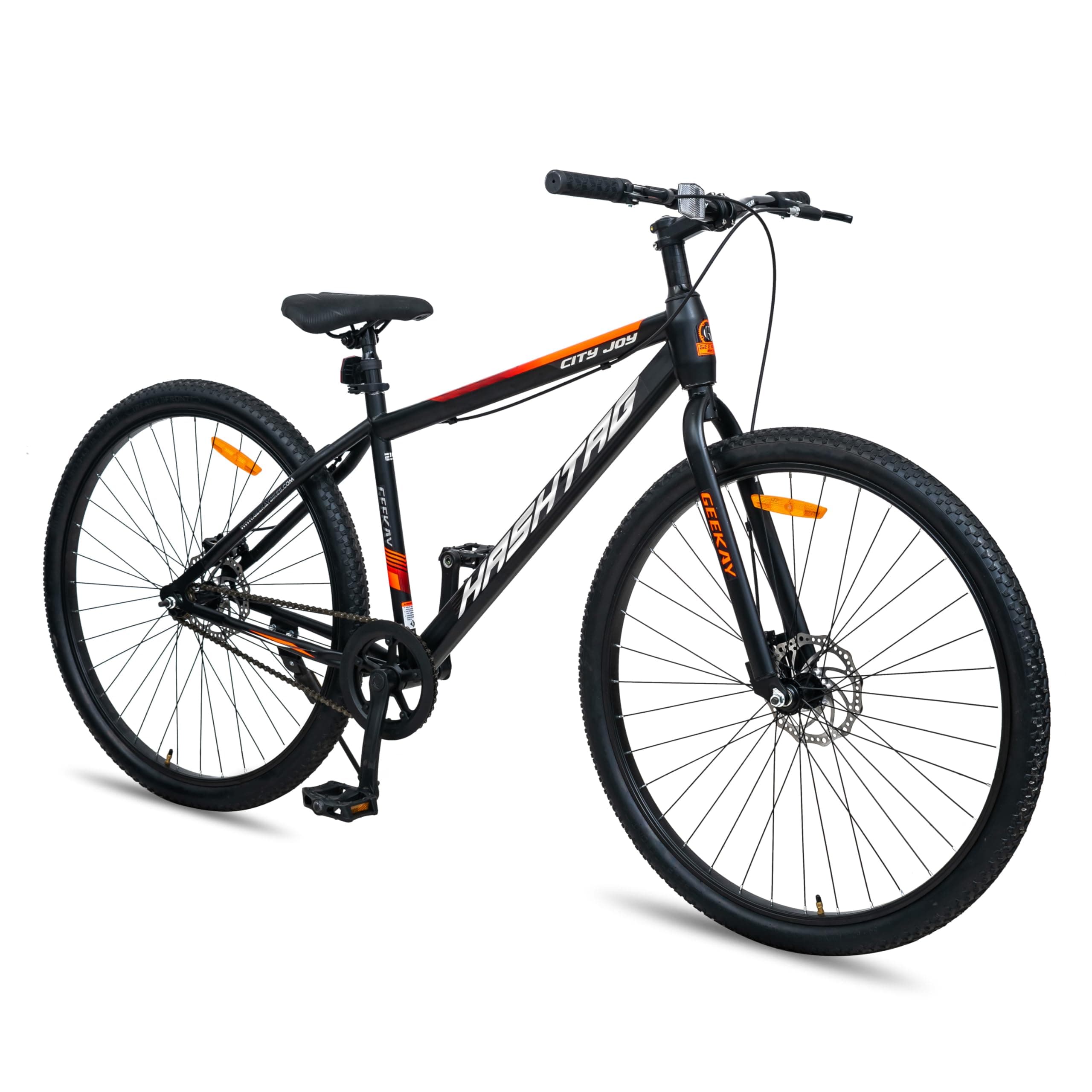 Geekay Hashtag City Joy 27.5T Single Speed Hybrid Cycle/Bicycle for Men, 18" Inches Steel Frame with Dual Disc Brakes | Ideal Rider Age 11+ Years - Black Orange