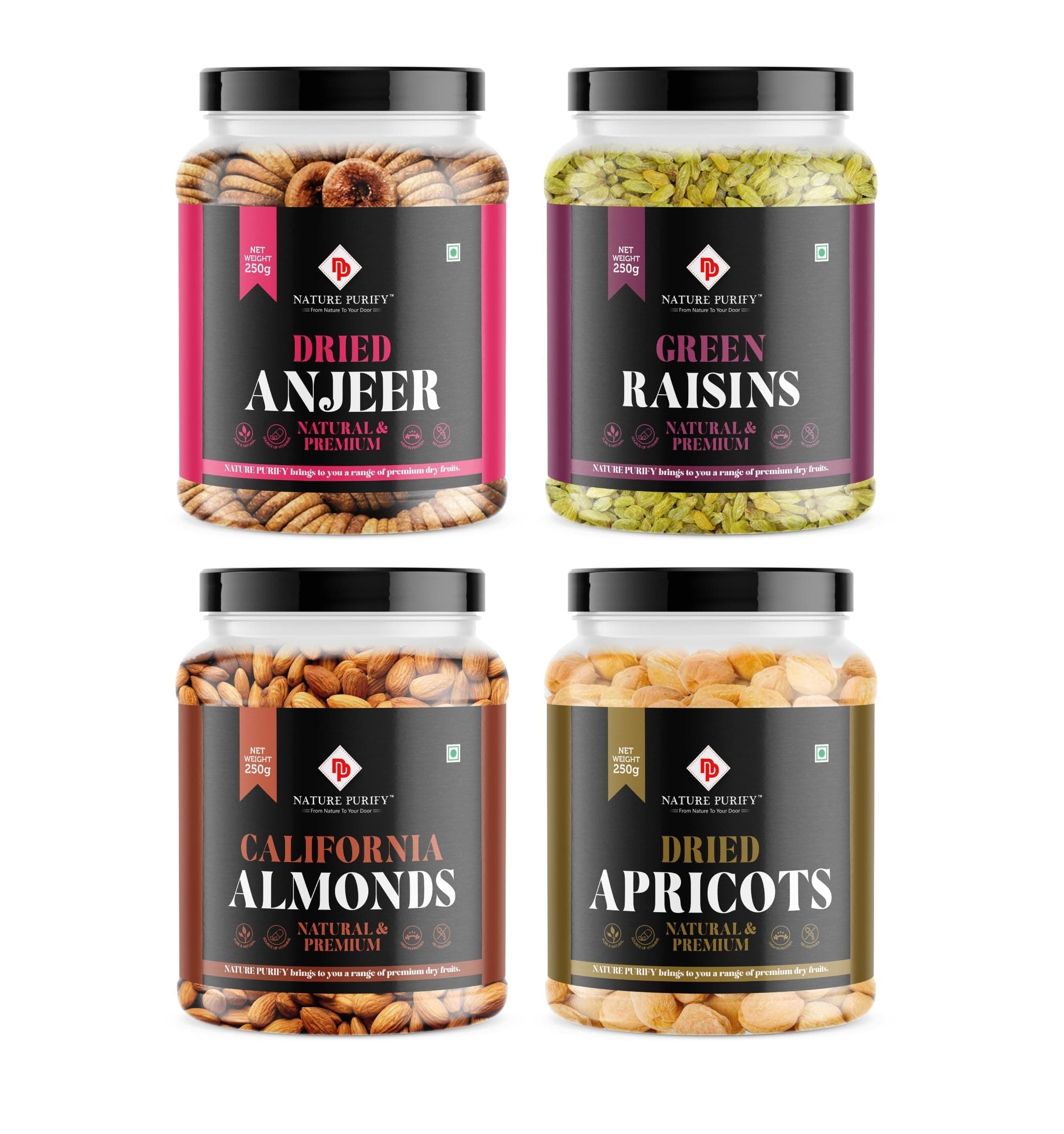 Nature Purify Premium Dry Fruits Combo 1 Kg | 250 Gm Each - Almond, Anjeer, Apricot, Raisins Mix DryFruit