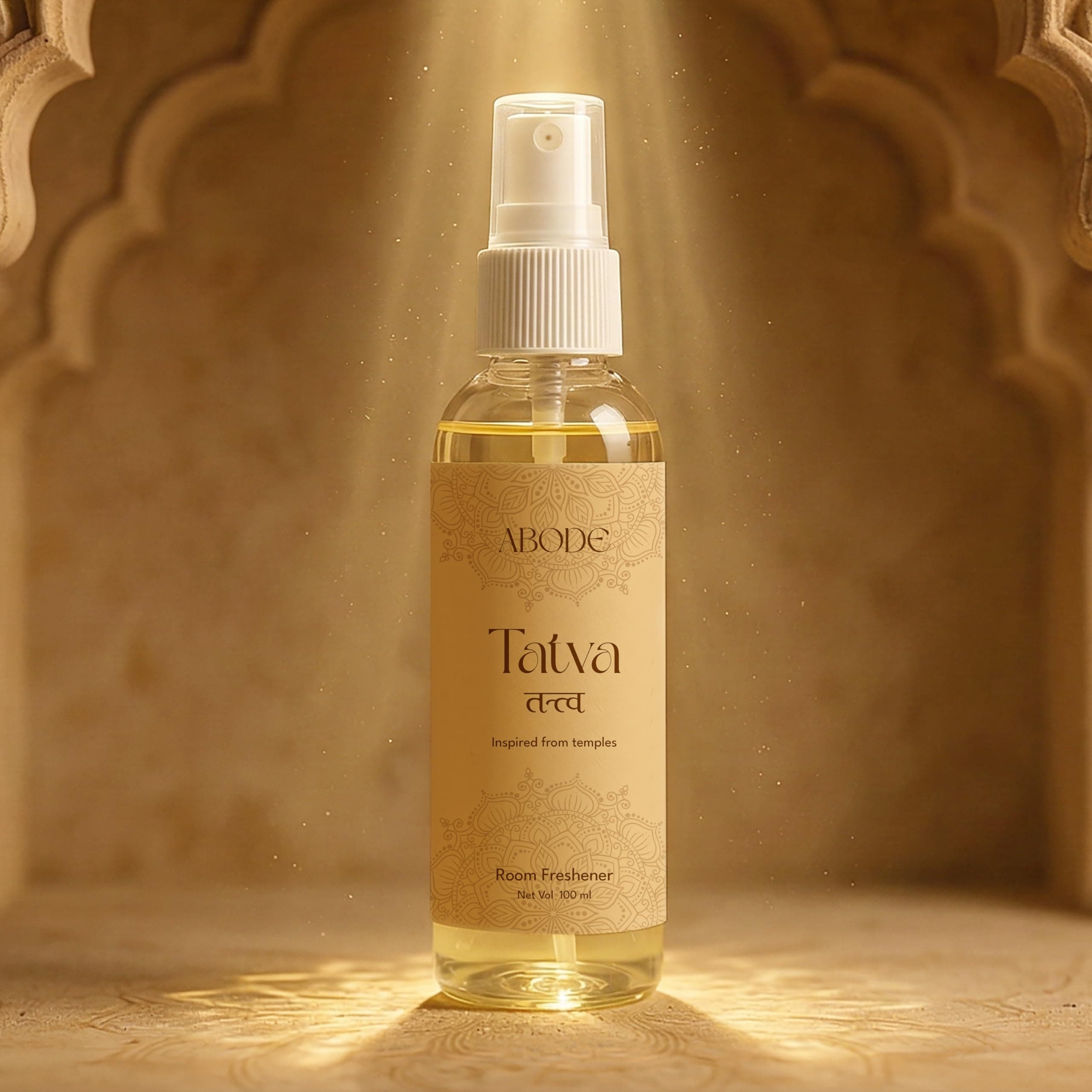 ABODE Tatva Room Freshener Spray | Temple Fragrance | Sandalwood, Tulsi, Camphor & Jasmine Blend | Non-Toxic | Best Room Freshener |100ml/3.3 Oz