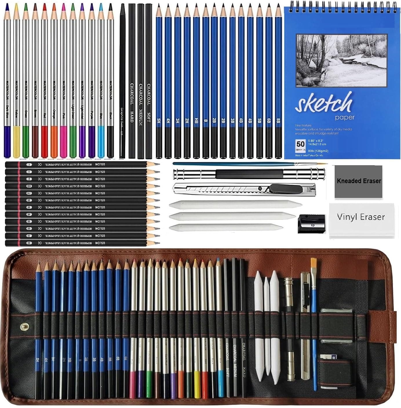 Corslet 52pc Drawing Pencils with 50 Sheets Sketchbook A5 Shading Pencils Set Drawing Kit Sketching Kit Sketch Pencils Set Charcoal Pencils for Artists Watercolor Colour Graphite Pencil Set