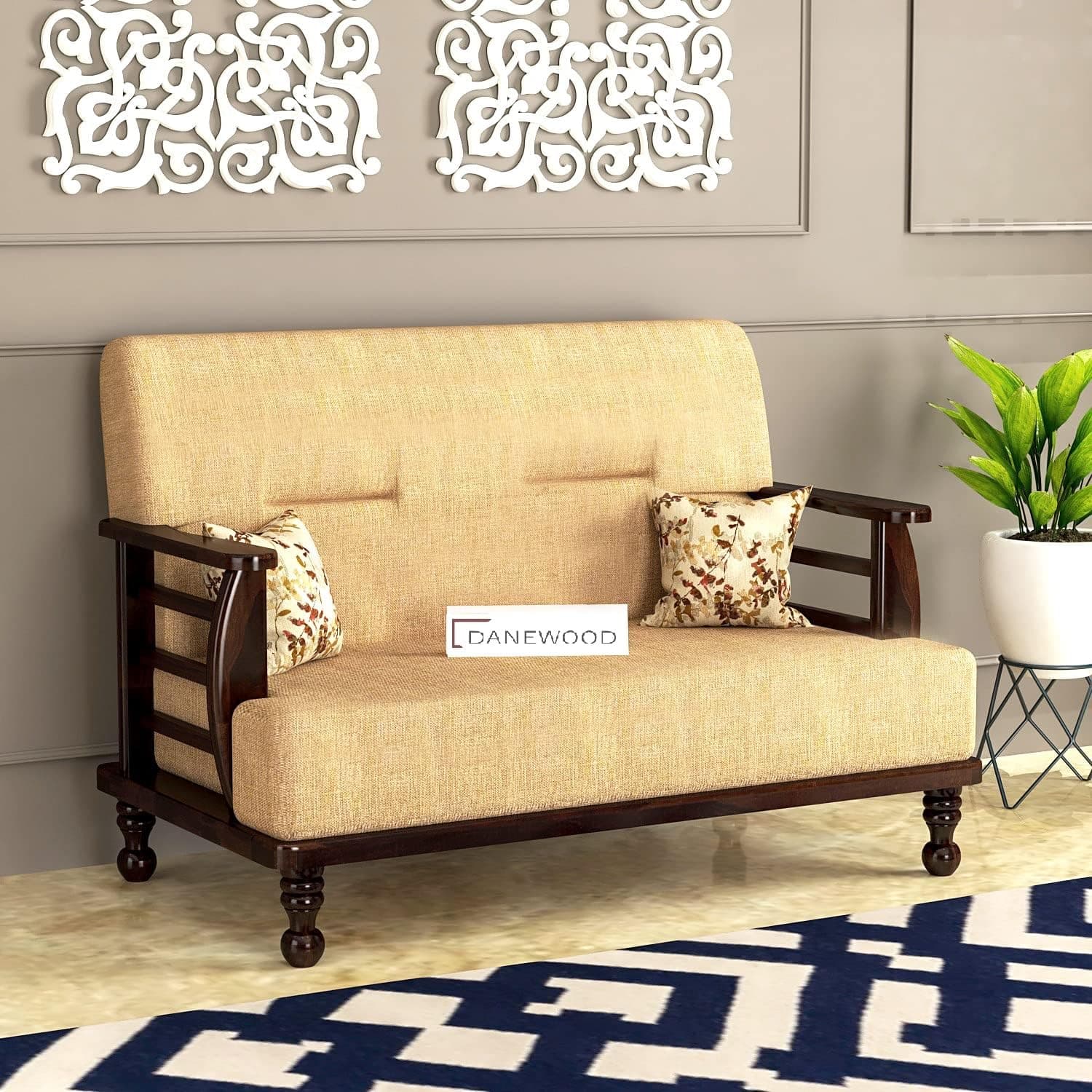 DaneWood - 2 Seater Sofa Set for Living Room, Drawing Room & Office Lounge | Capacity - Two Seater | Cushion: Beige, Sheesham Wood, Mahogany Finish