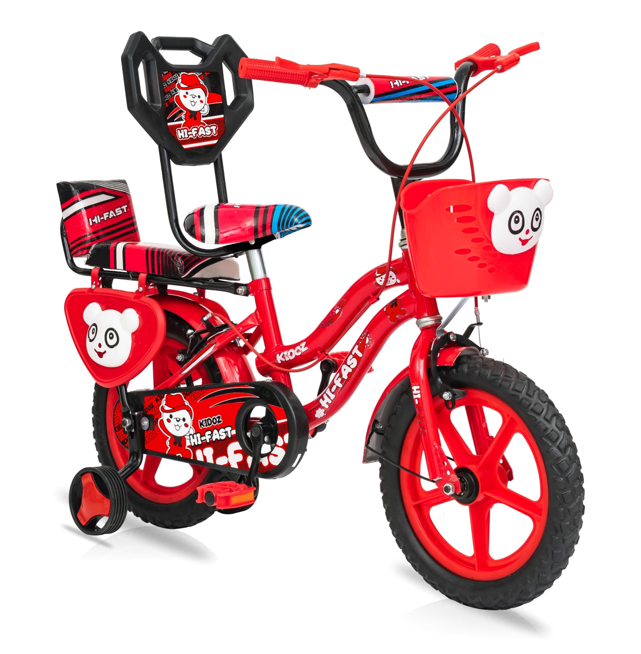 HI-FAST 14 inch Kids Cycle for Boys & Girls 2 to 5 Years with Back Seat & Training Wheels (95% Assembled), (Red)