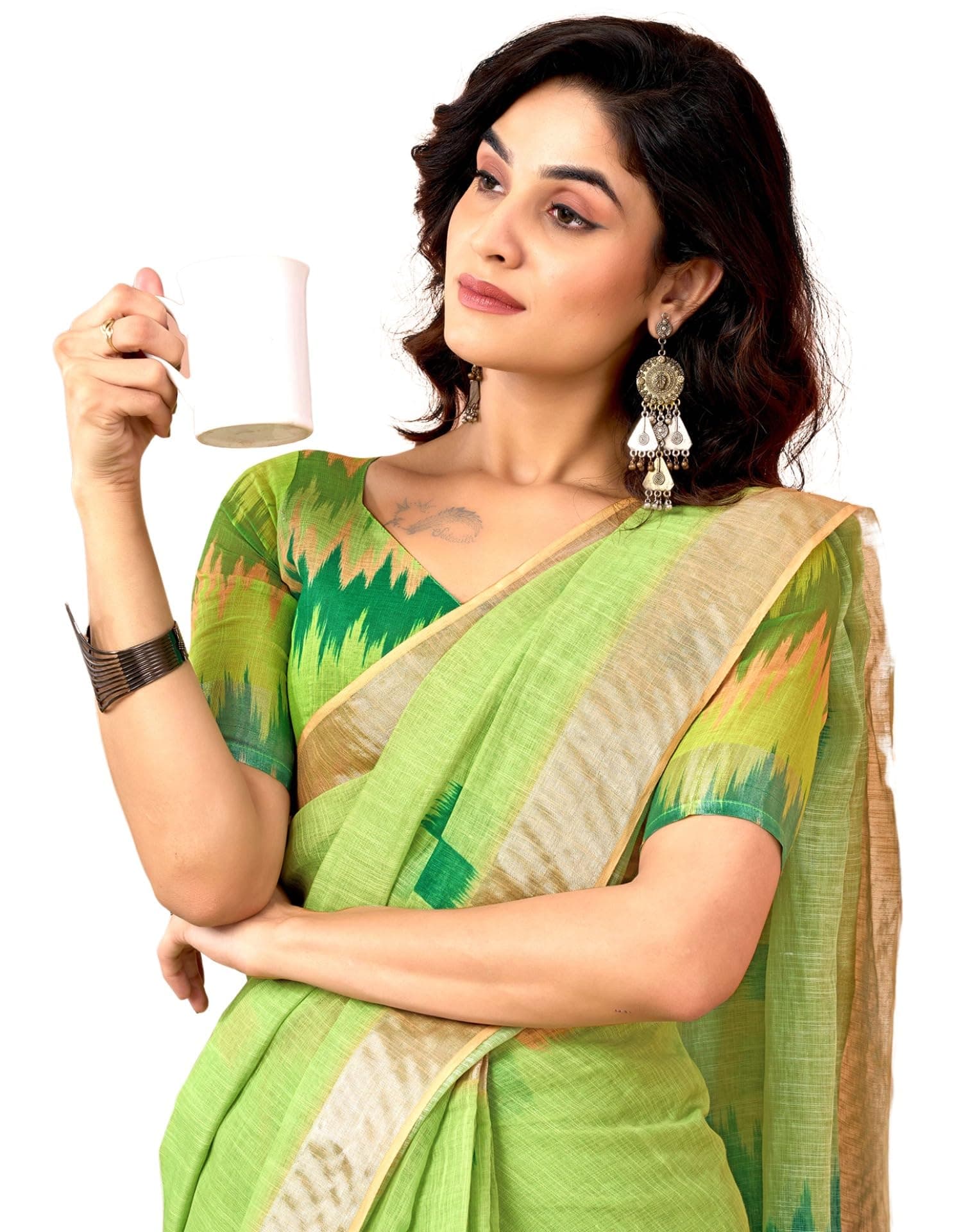 SIRIL Women's Cotton Linen Printed Ready To Wear With Pocket Saree with Unstitched Blouse Piece