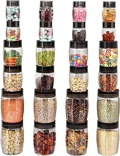 CELLO Clario Kitchen Storage Container Box Set of 24 Pcs, Brown (8x300ml, 8x650ml, 8x1200ml) | Transparent Unbreakable Fridge Safe Stackable Airtight Storage Canister Set For Spices Dry Fruits Grains