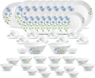 La Opala Diva Classique Collection Opal Glass Crockery | for Family of 8 | Dinner Set 53 pcs Blue Daisy | Plates, Bowls & Cups for Dining | Microwave Safe | 100% Vegetarian | Extra Strong | White